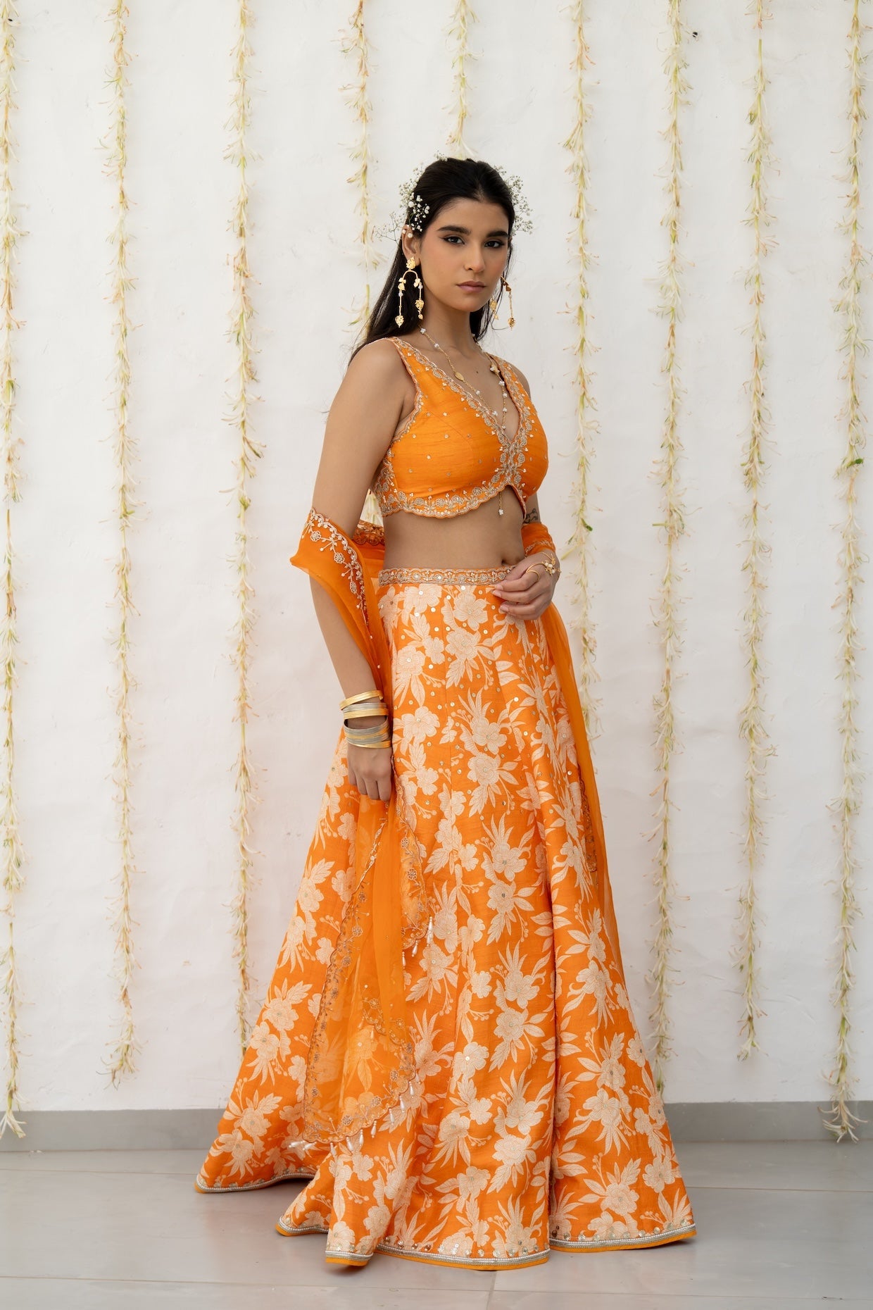 Orange Silk Printed & Embroidered Lehenga Set