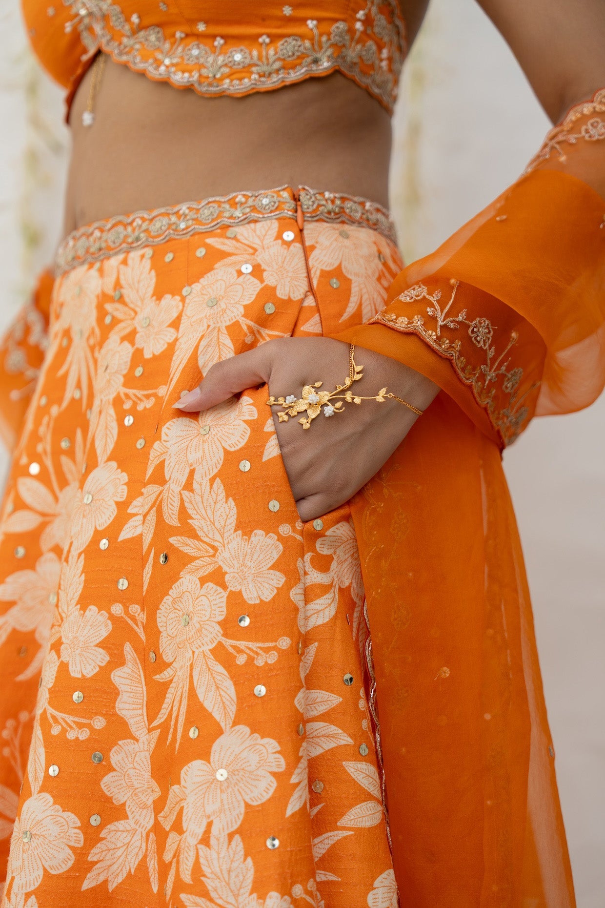 Orange Silk Printed & Embroidered Lehenga Set