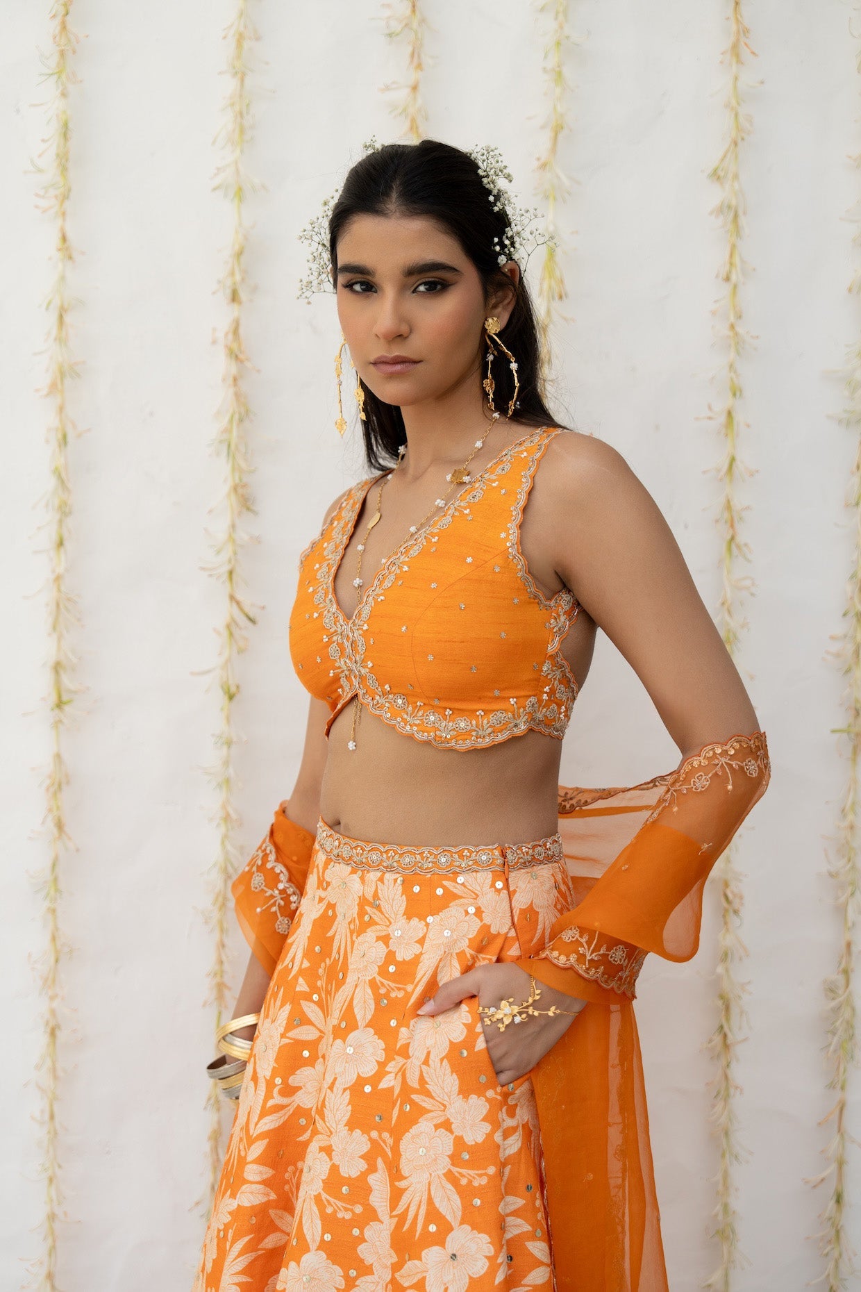 Orange Silk Printed & Embroidered Lehenga Set