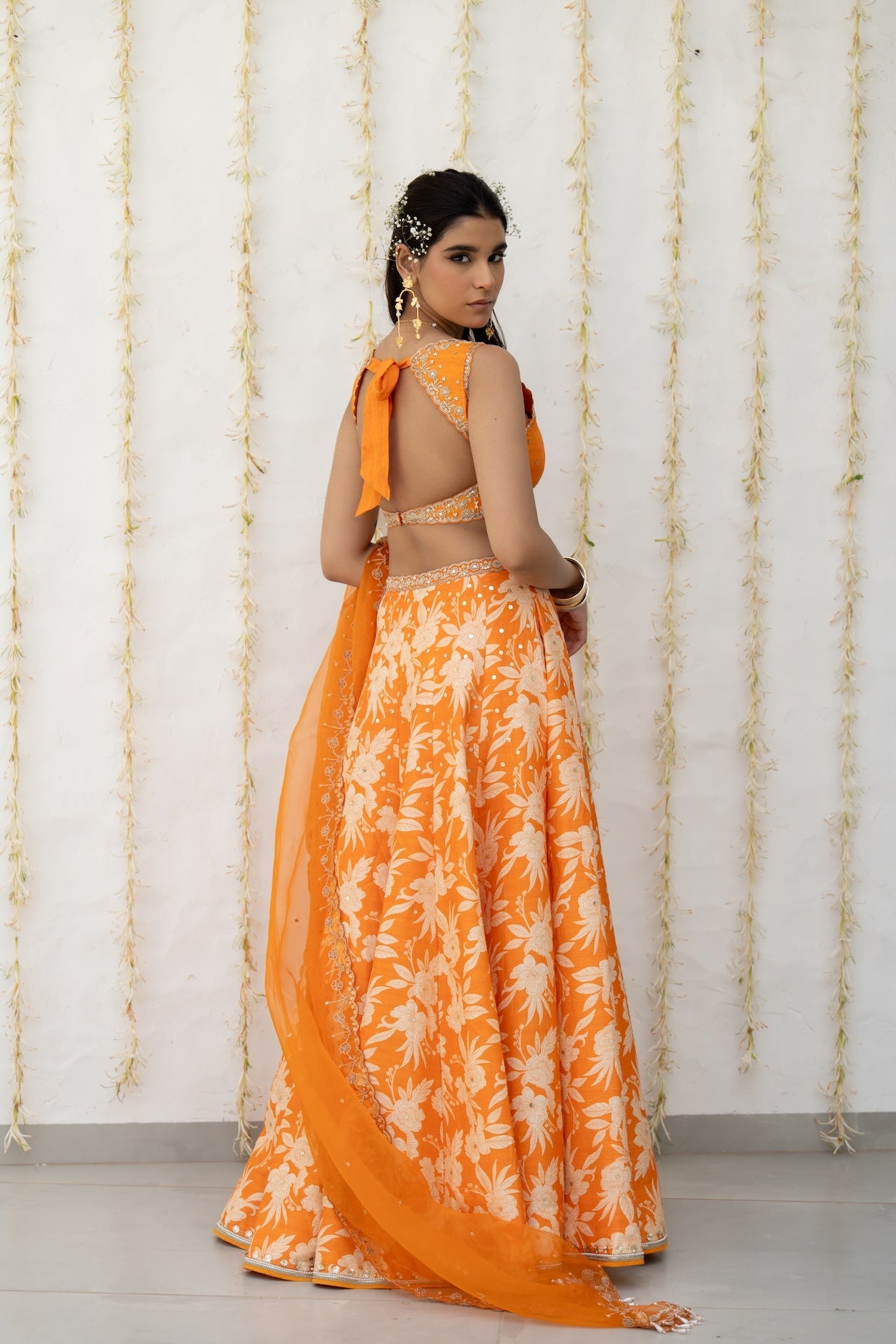 Orange Silk Printed & Embroidered Lehenga Set