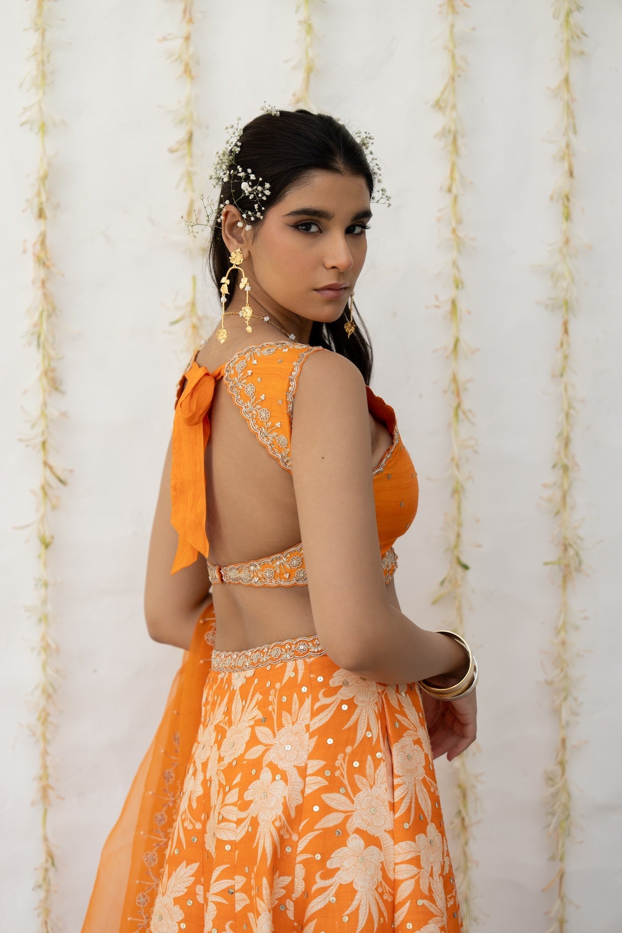 Orange Silk Printed & Embroidered Lehenga Set