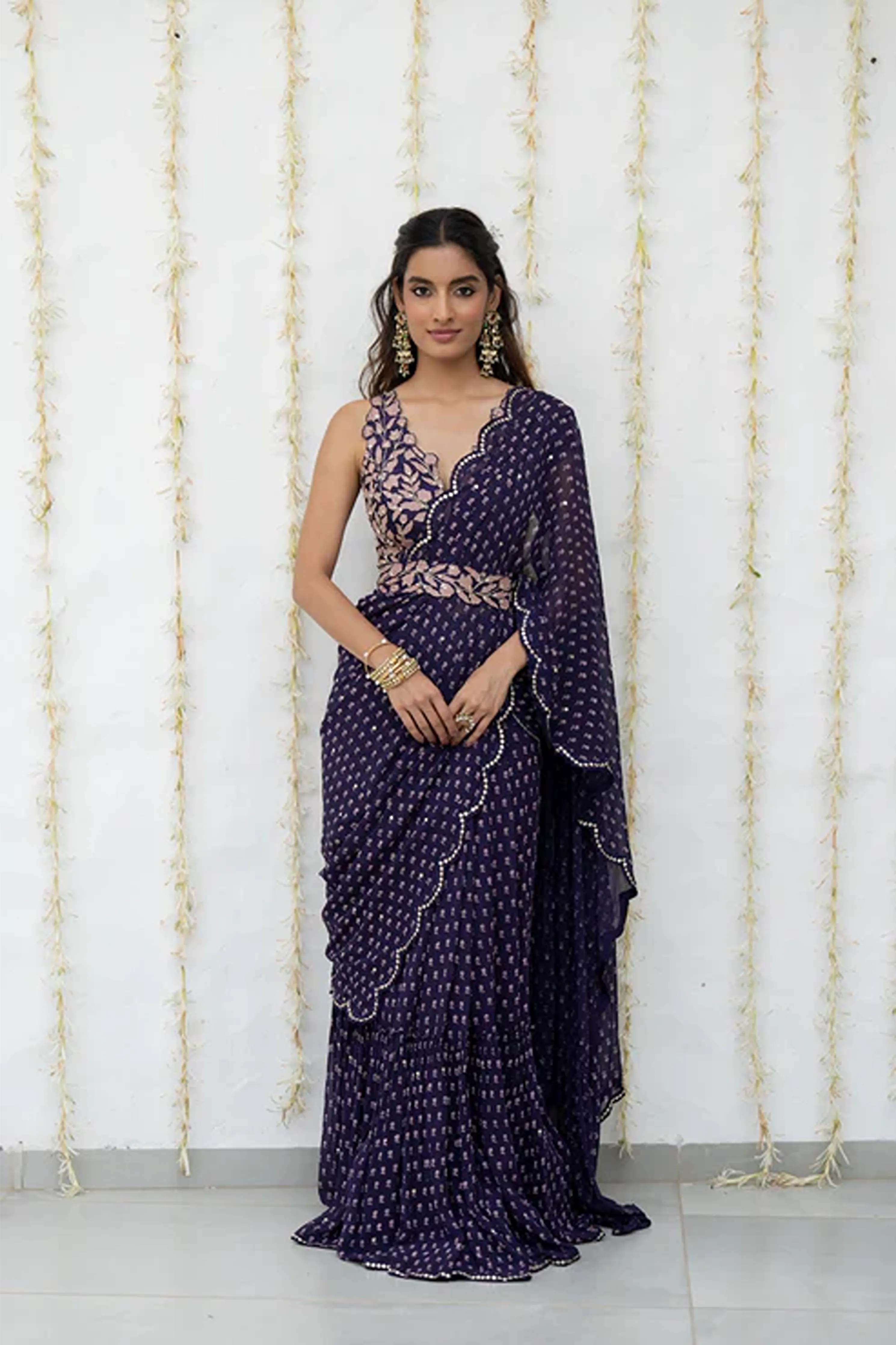 Royal Purple Georgette Draped Saree Set