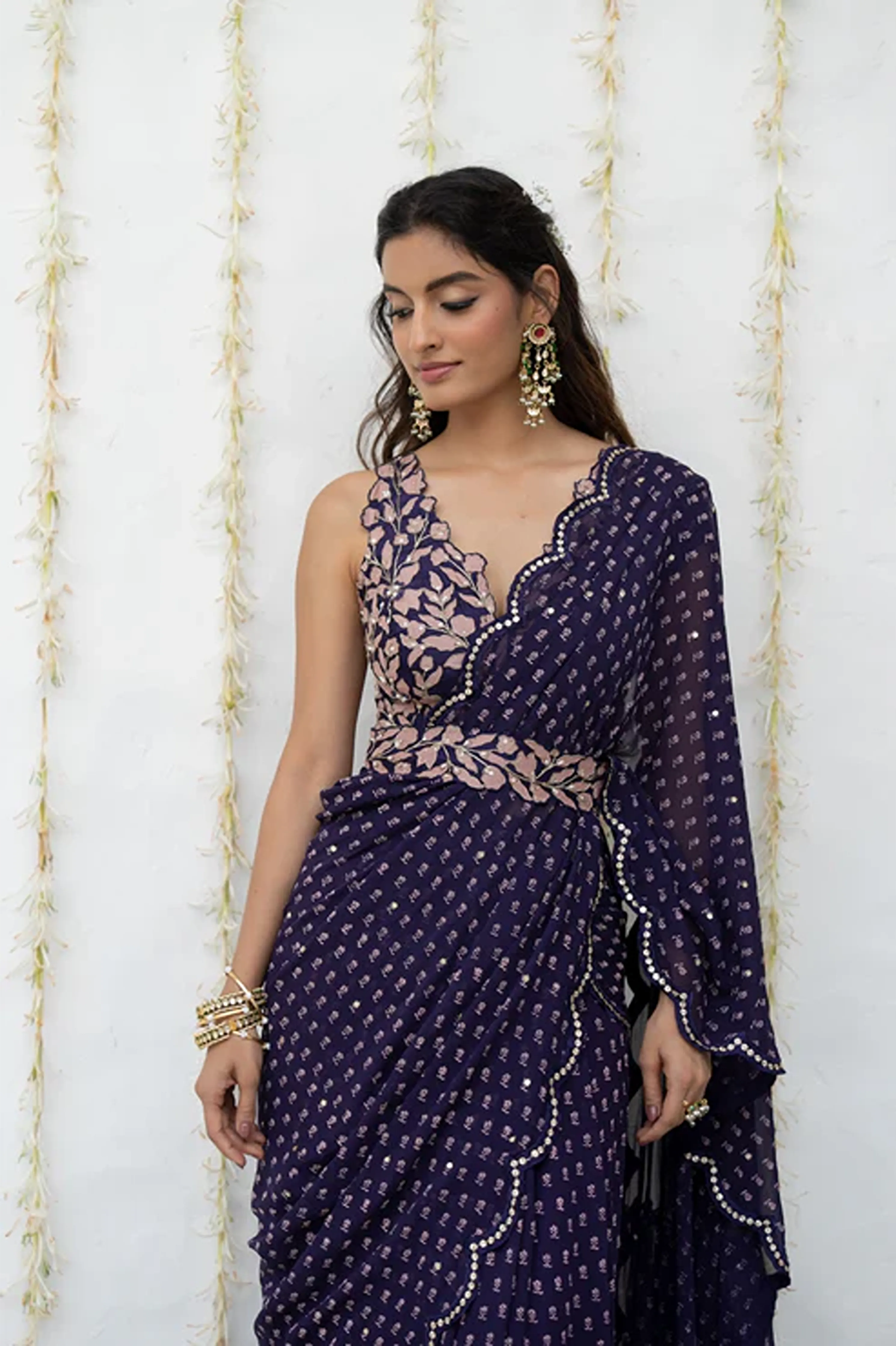 Royal Purple Georgette Draped Saree Set