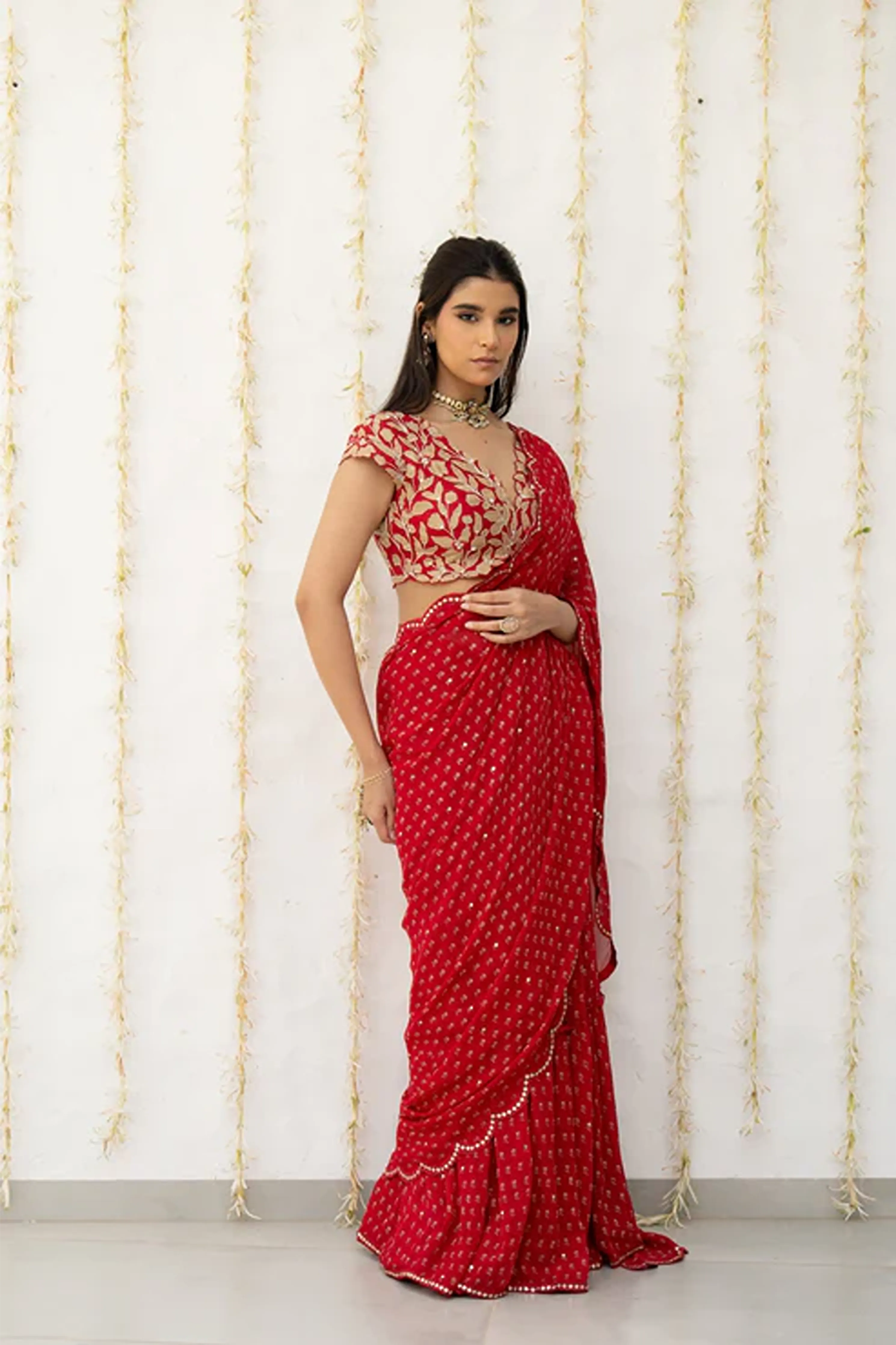 Cherry Red Georgette Draped Saree Set