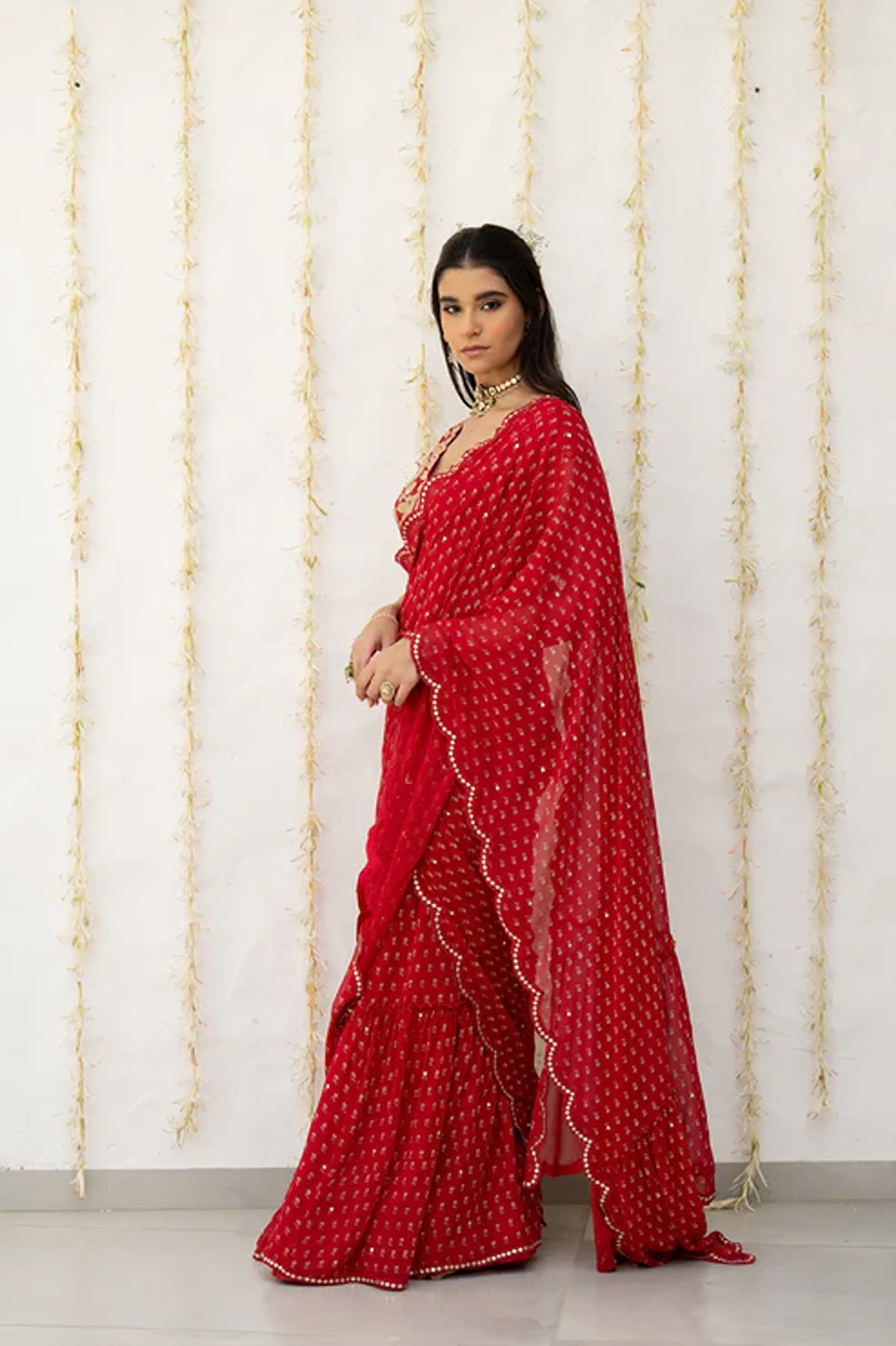 Cherry Red Georgette Draped Saree Set