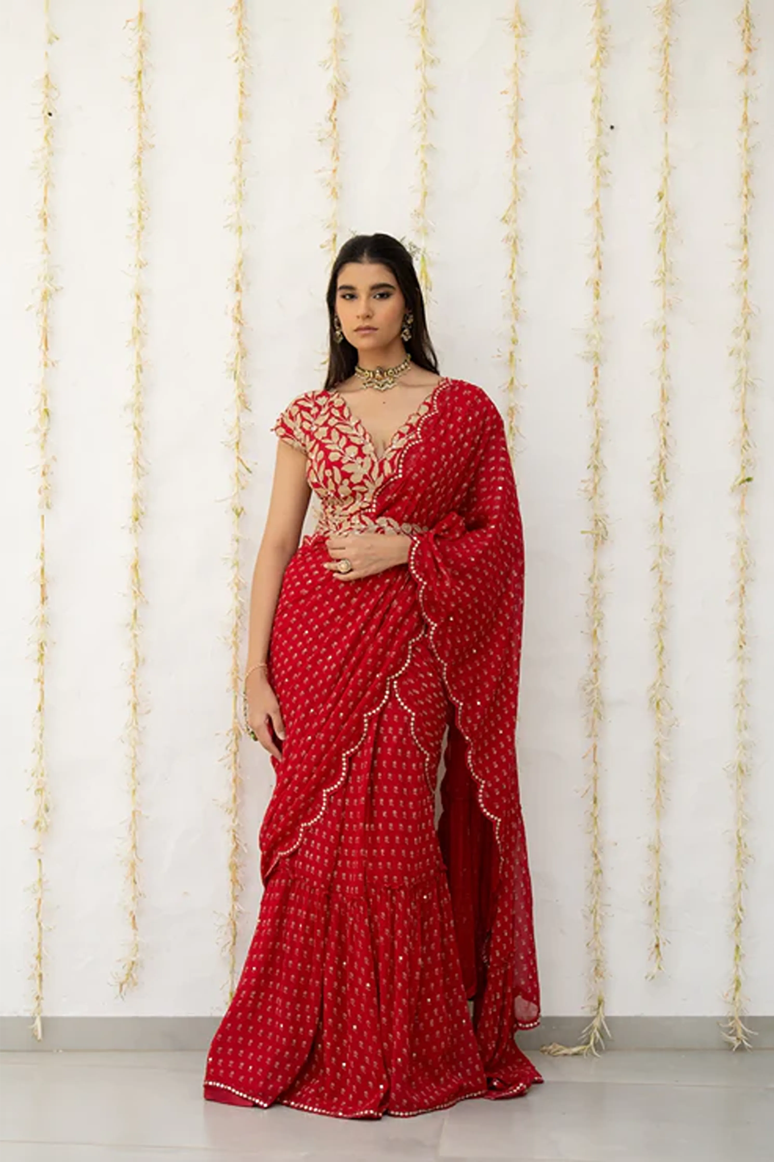 Cherry Red Georgette Draped Saree Set