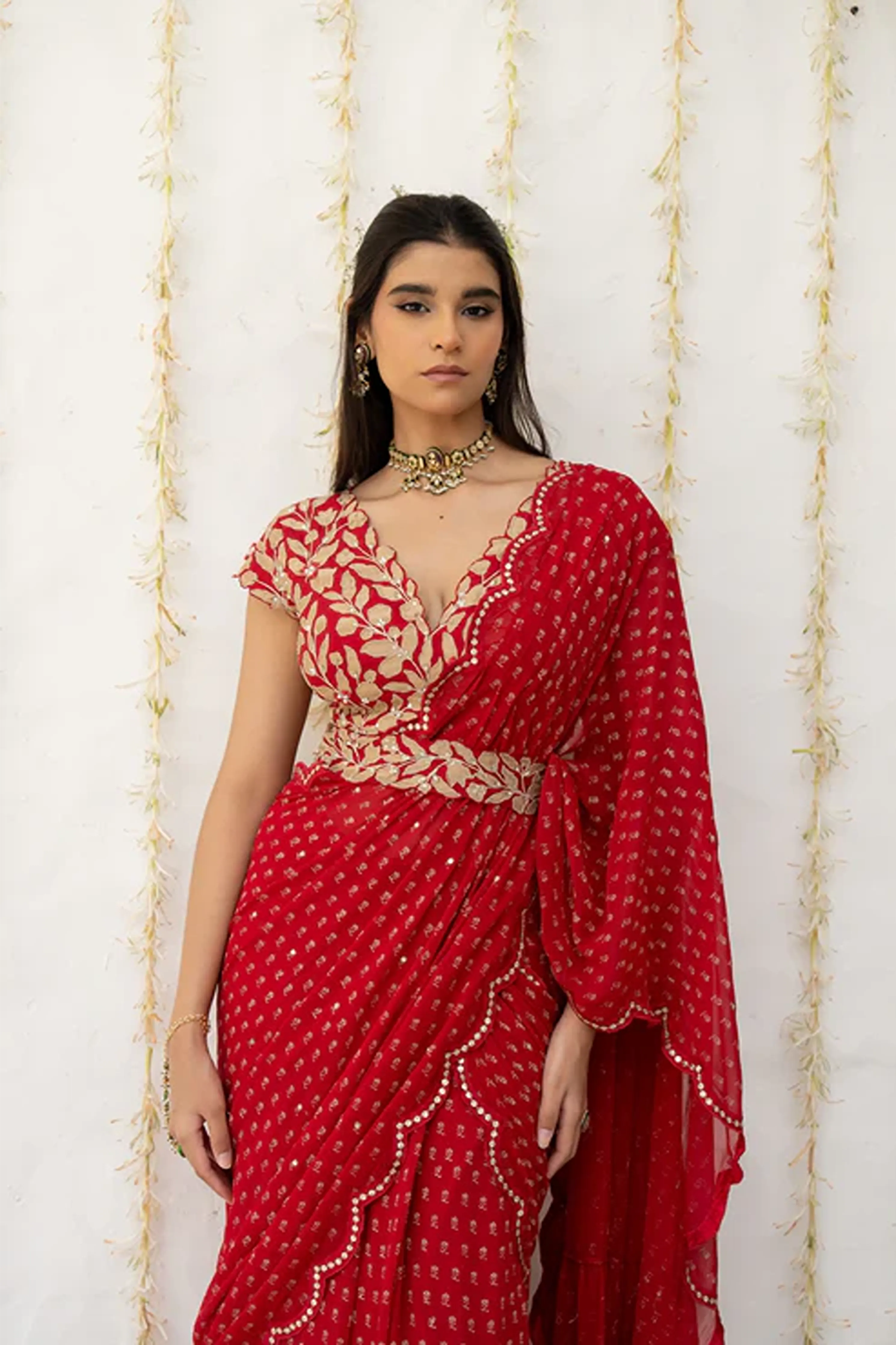 Cherry Red Georgette Draped Saree Set