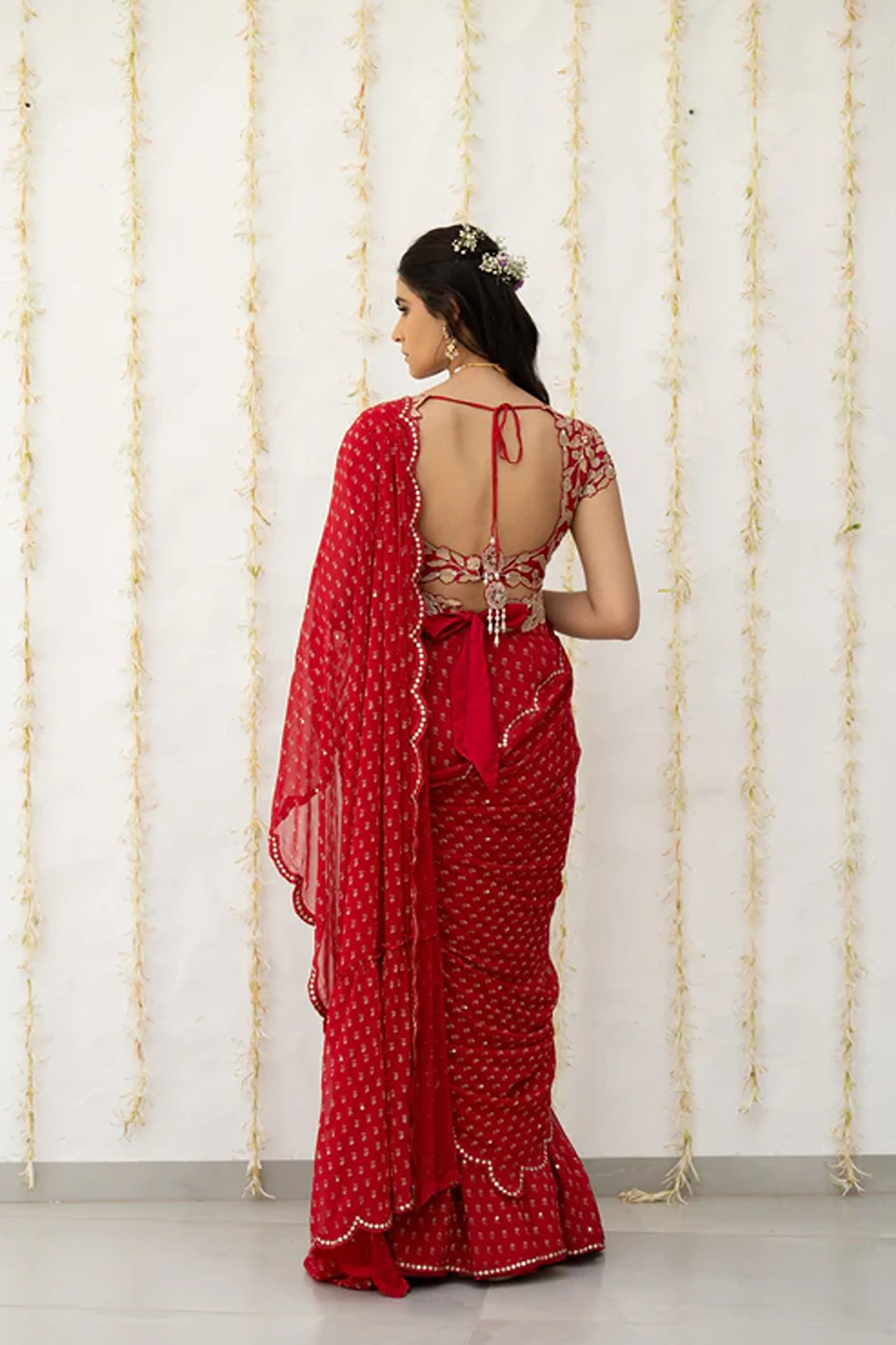 Cherry Red Georgette Draped Saree Set