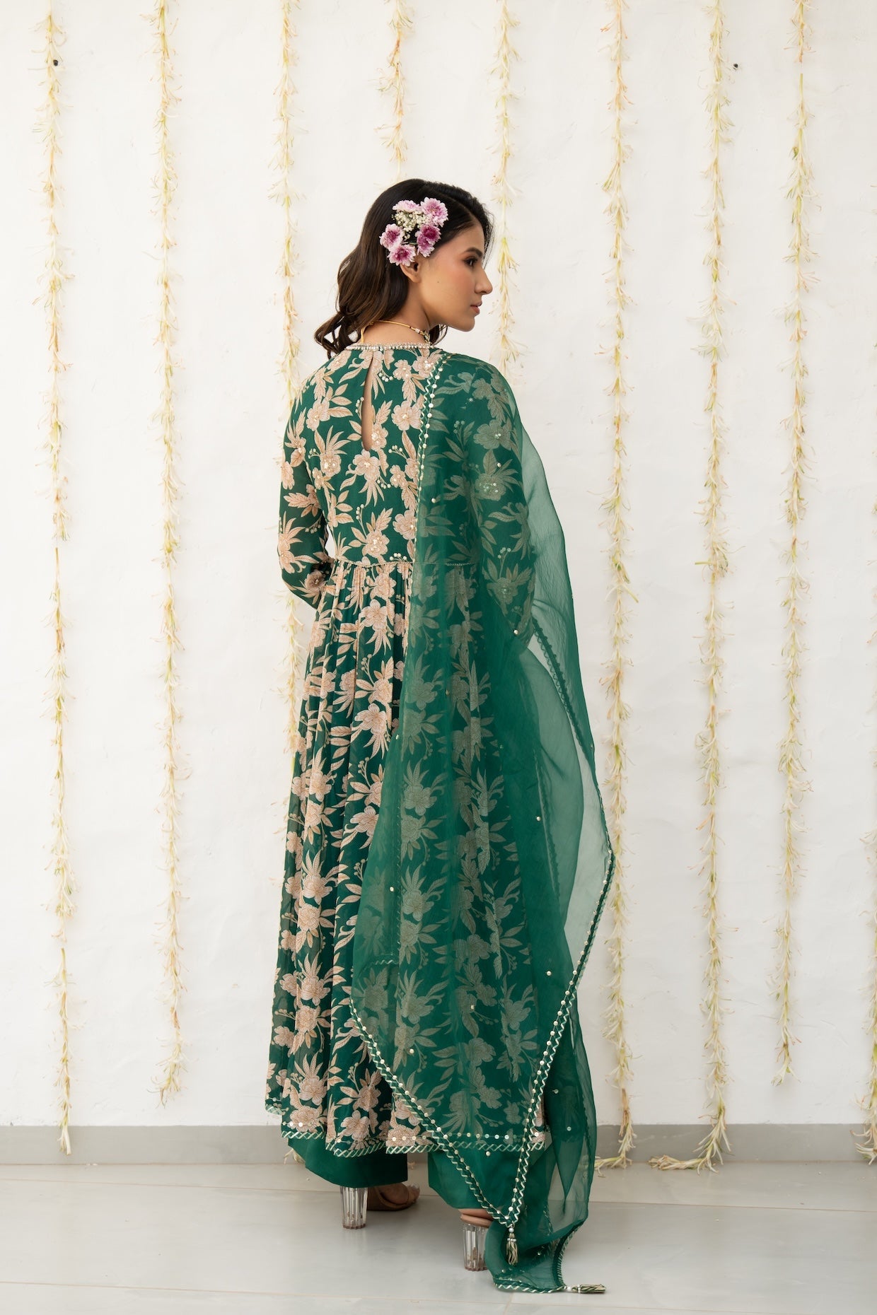 Bottle Green Crepe Printed Anarkali Set
