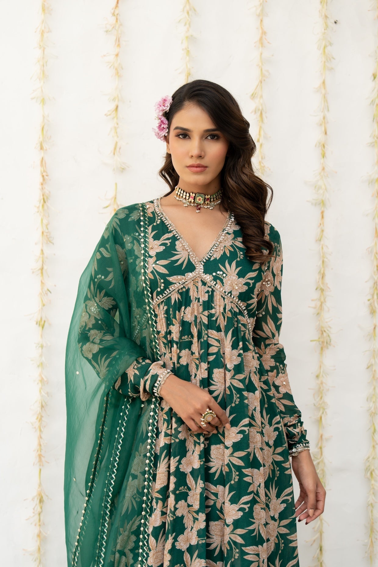 Bottle Green Crepe Printed Anarkali Set