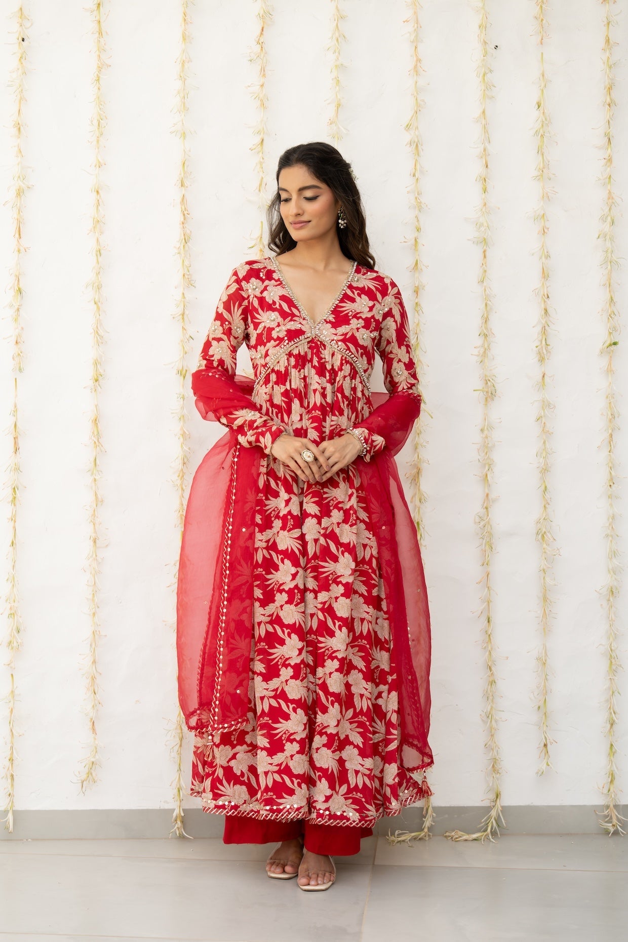 Cherry Red Crepe Printed Anarkali Set