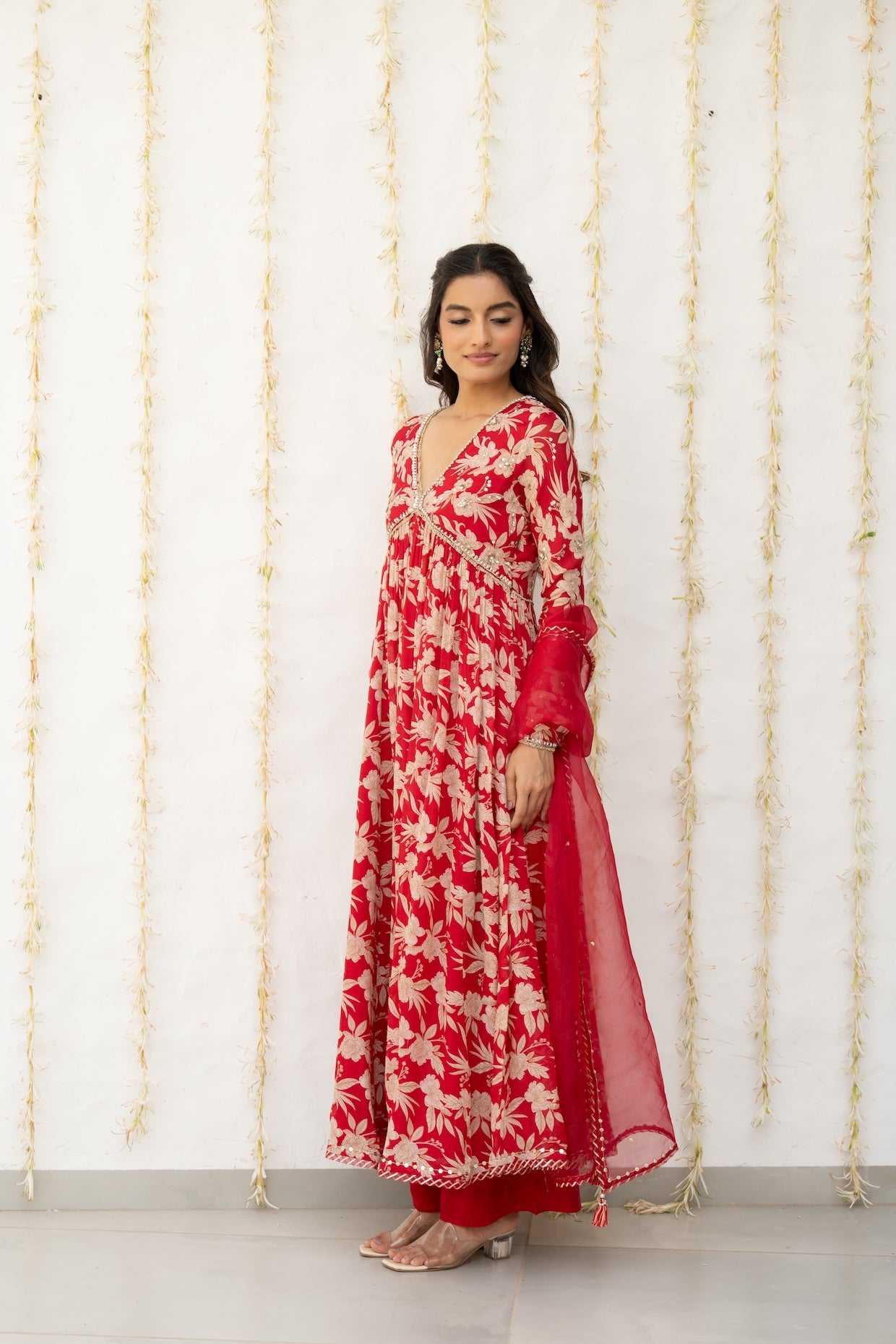 Cherry Red Crepe Printed Anarkali Set