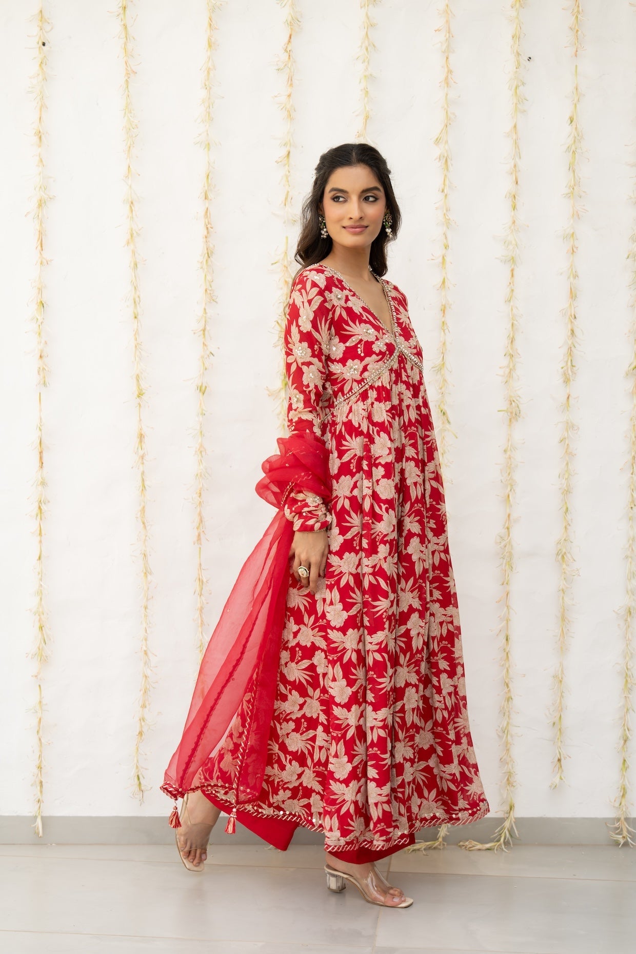 Cherry Red Crepe Printed Anarkali Set