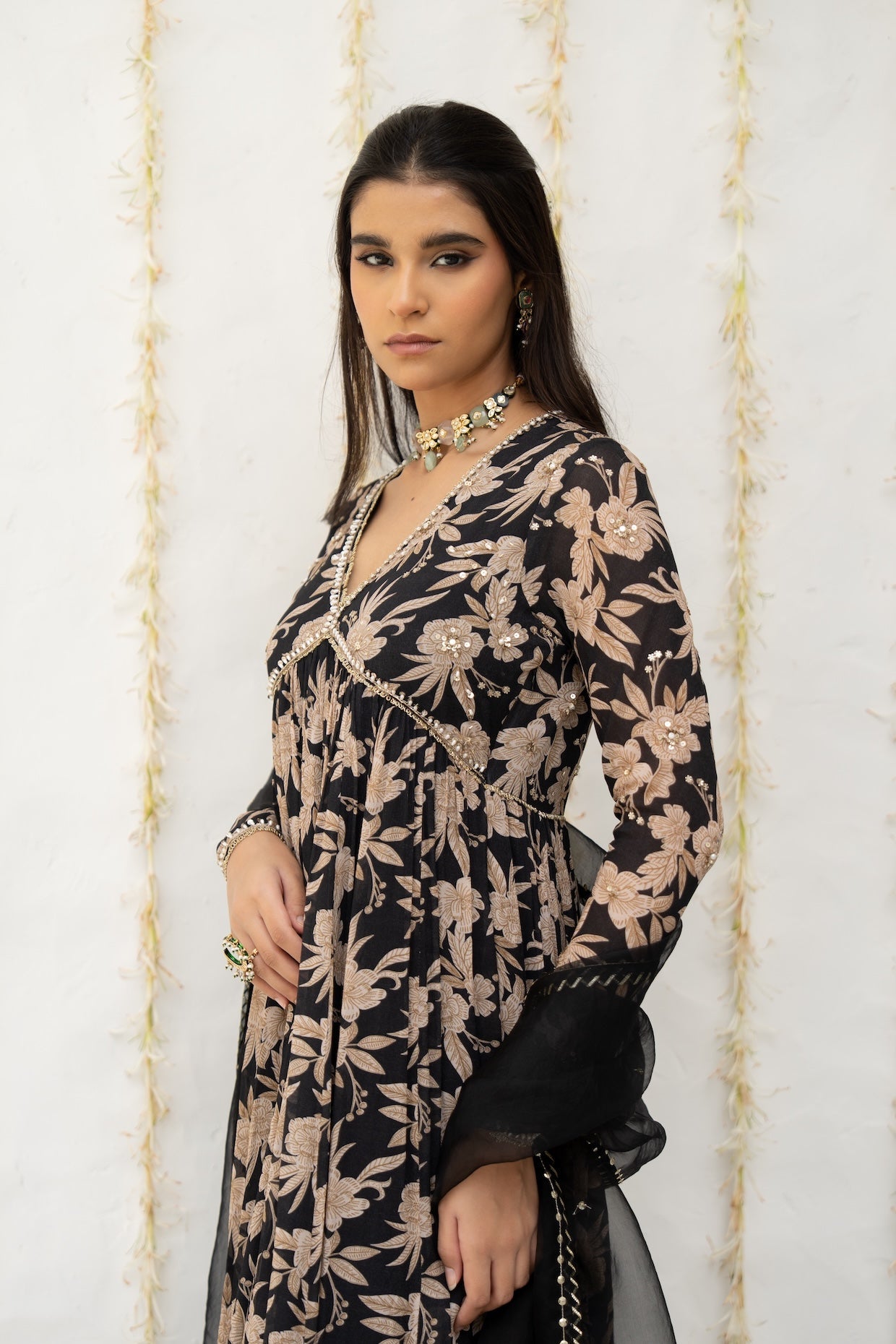 Charcoal Black Crepe Printed Anarkali Set