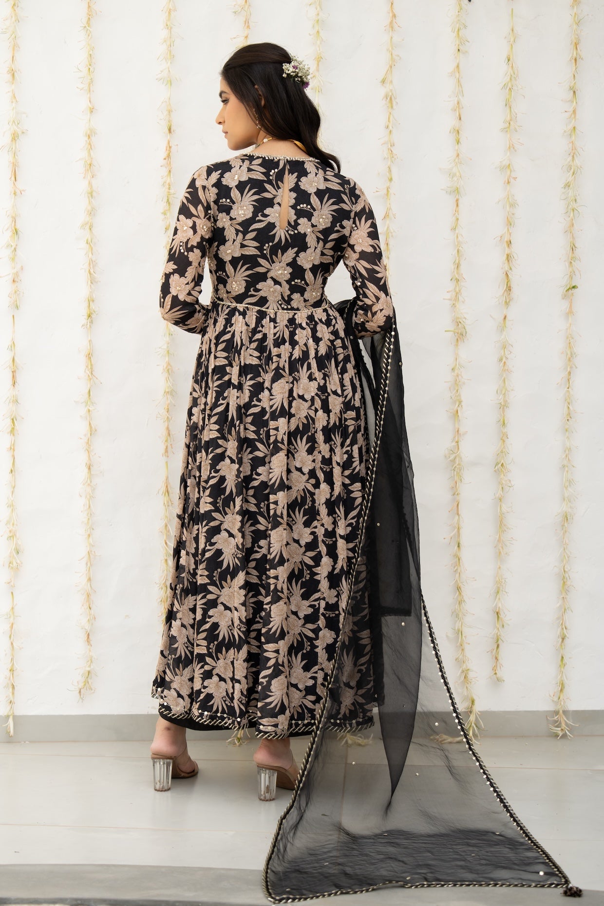 Charcoal Black Crepe Printed Anarkali Set