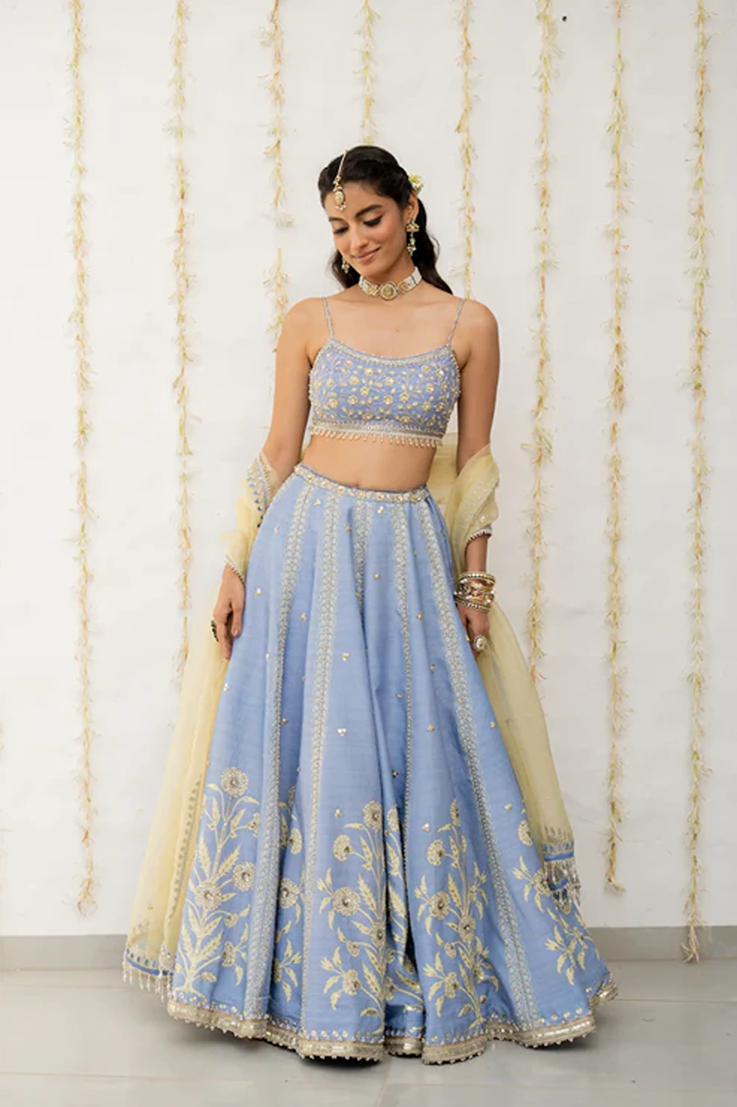 Cornflower Blue Silk Embroidered Lehenga Set