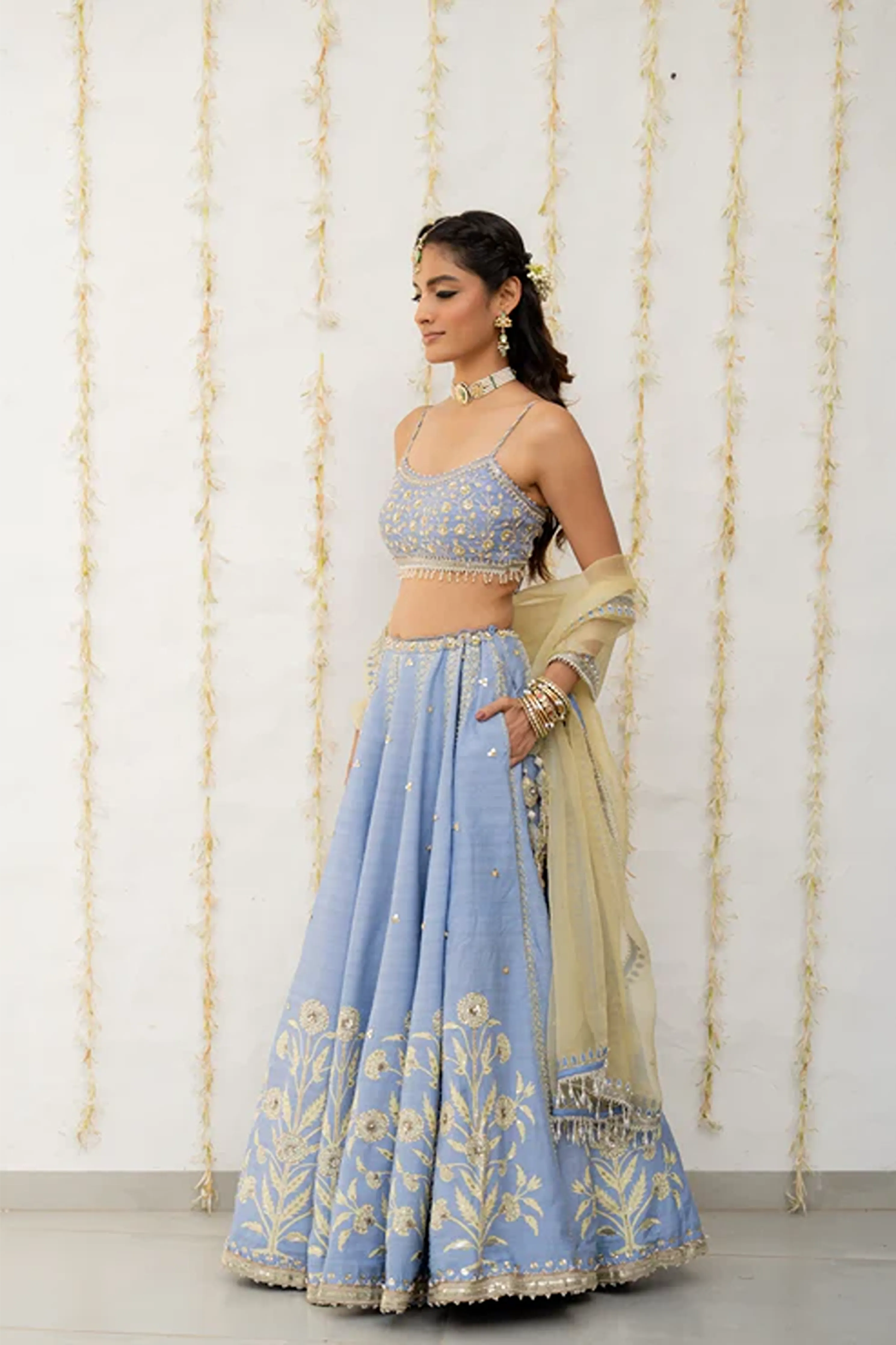 Cornflower Blue Silk Embroidered Lehenga Set