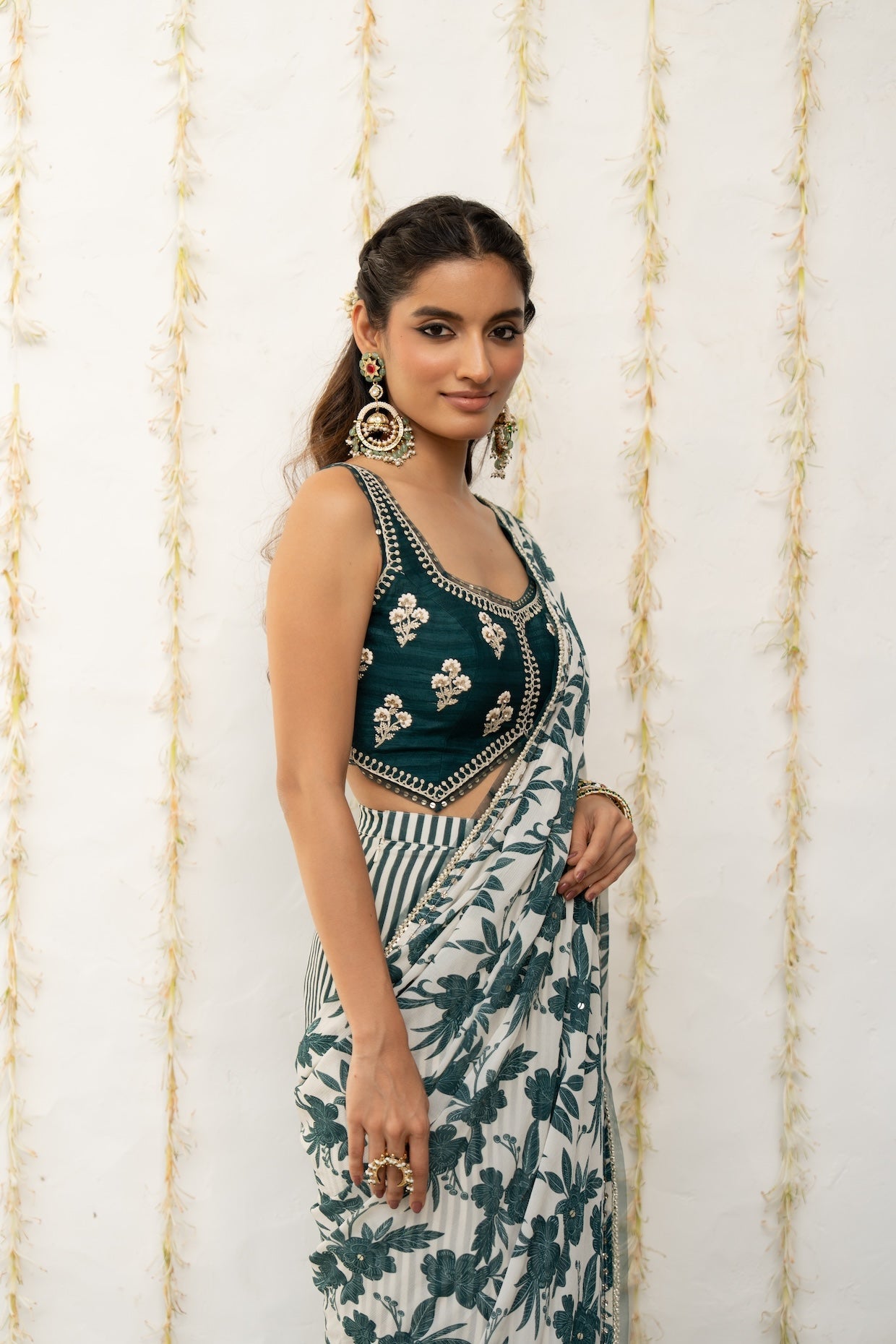 Ivory Teal Chiffon Draped Saree Set