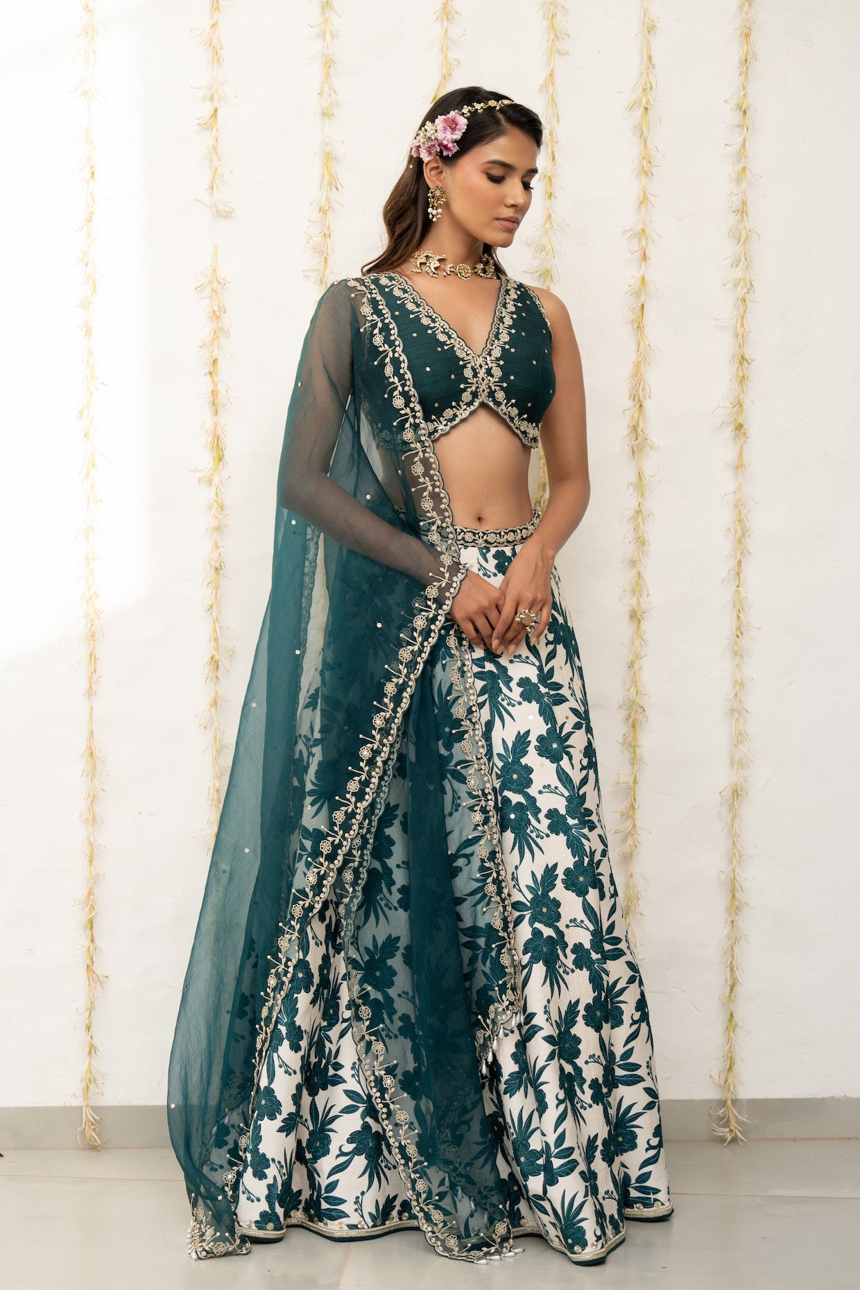 Ivory Teal Silk Printed & Embroidered Lehenga Set