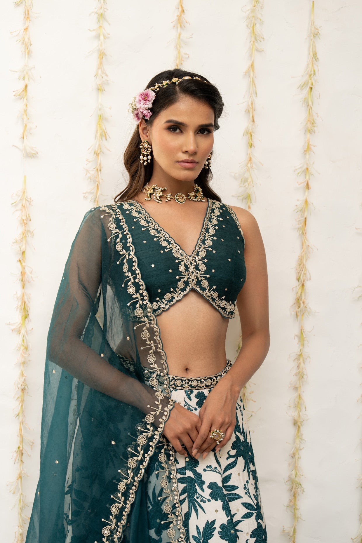 Ivory Teal Silk Printed & Embroidered Lehenga Set