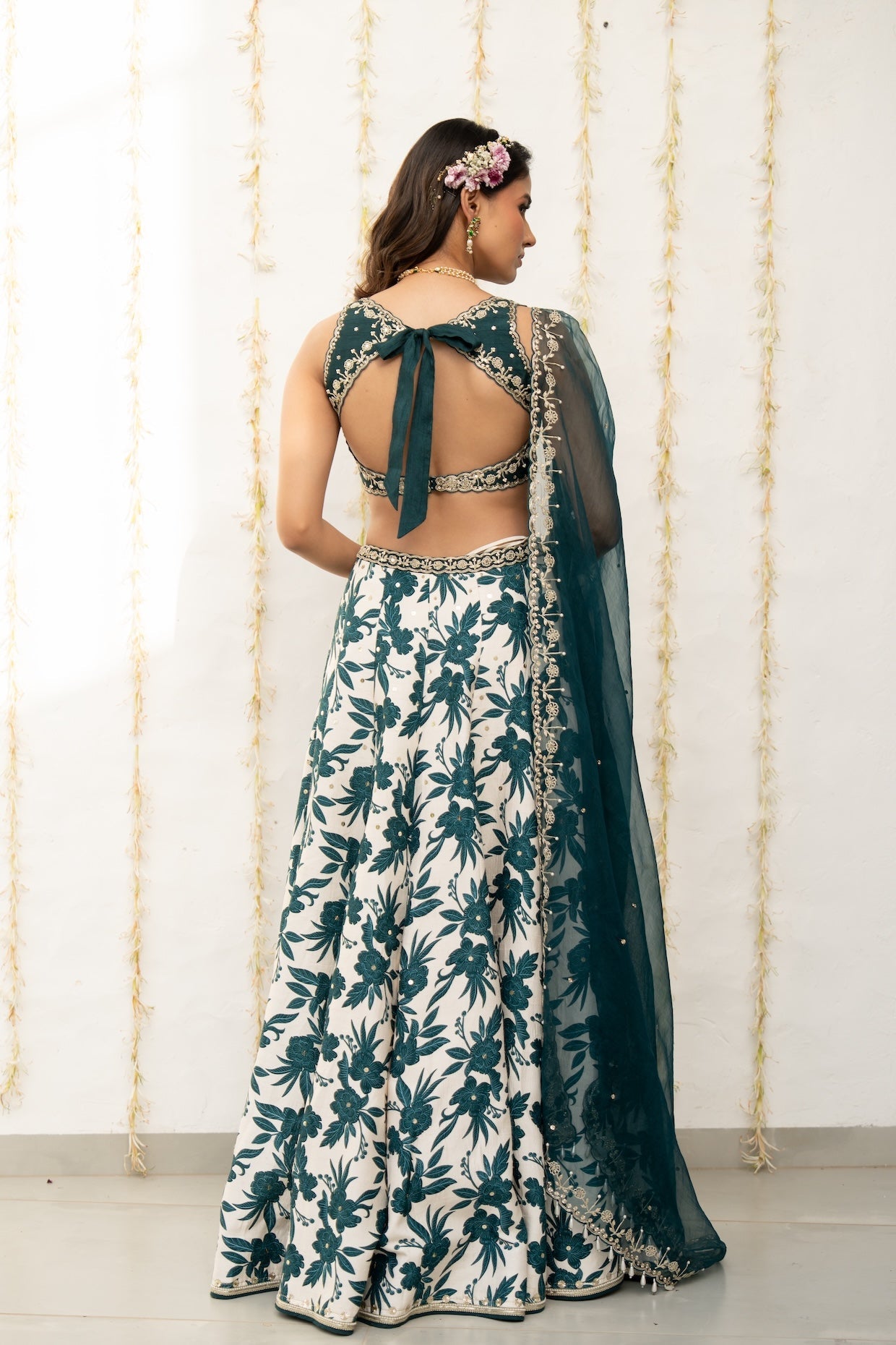 Ivory Teal Silk Printed & Embroidered Lehenga Set