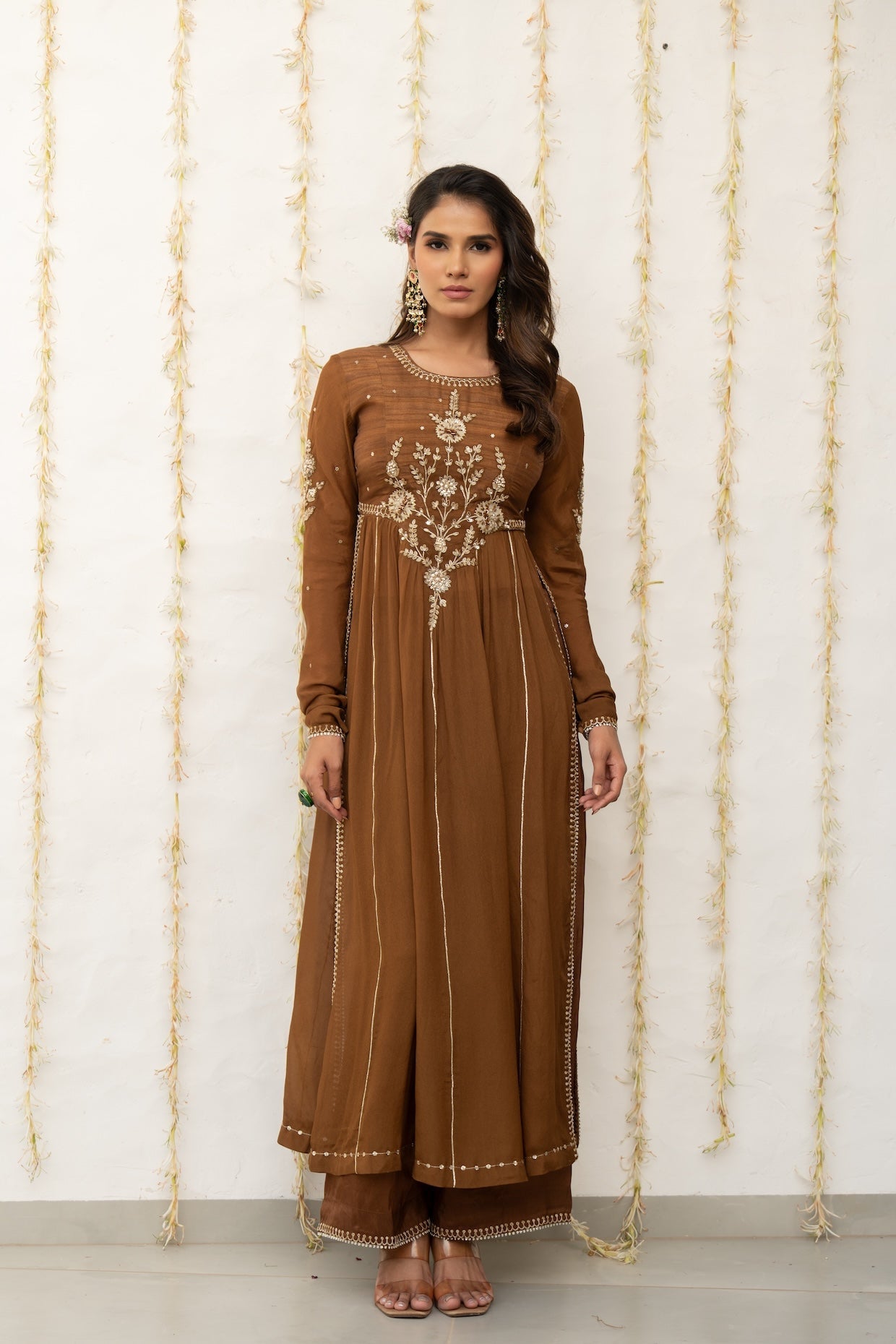 Cocoa Brown Silk Embroidered High Slit Kurta Set