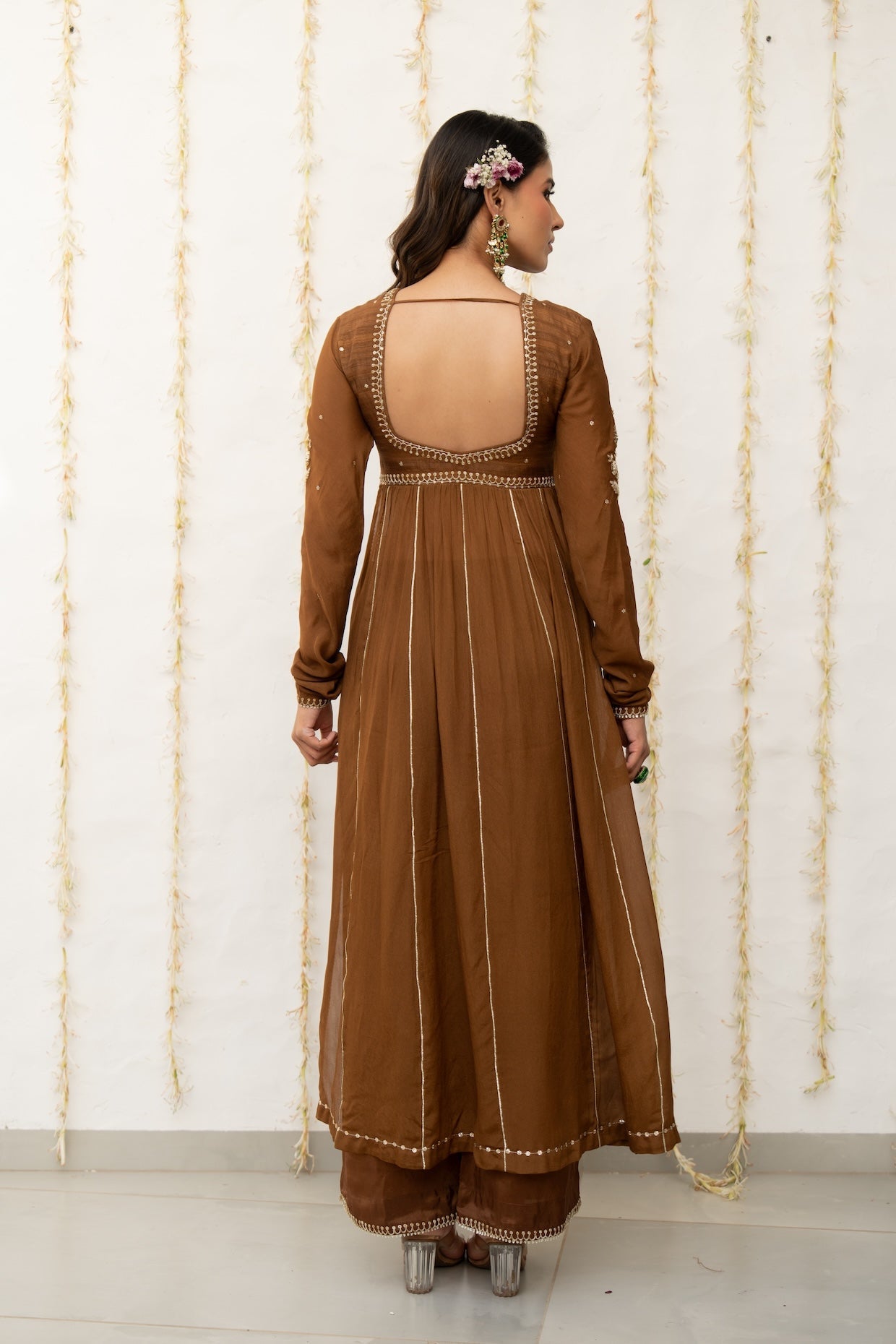 Cocoa Brown Silk Embroidered High Slit Kurta Set