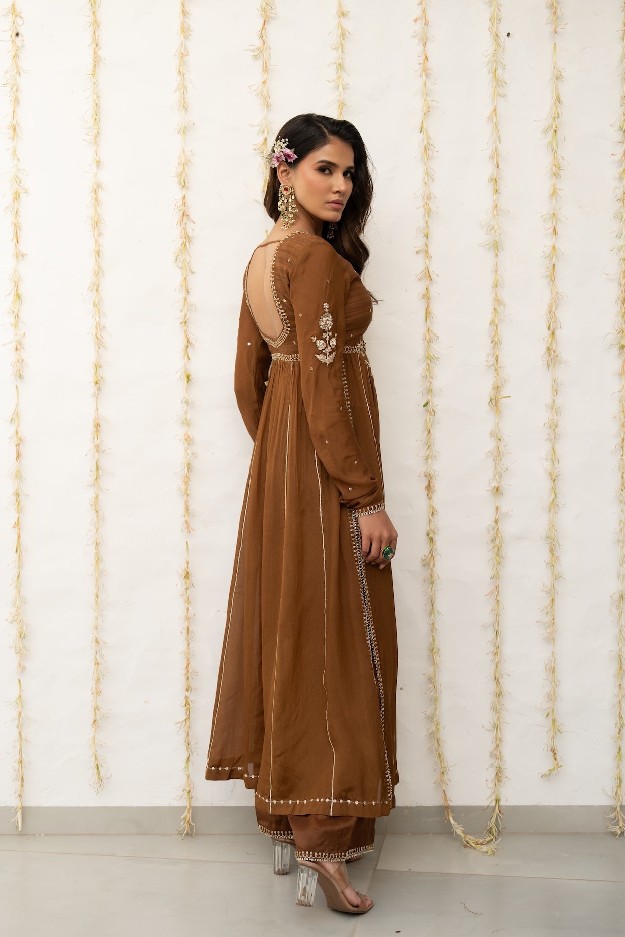 Cocoa Brown Silk Embroidered High Slit Kurta Set