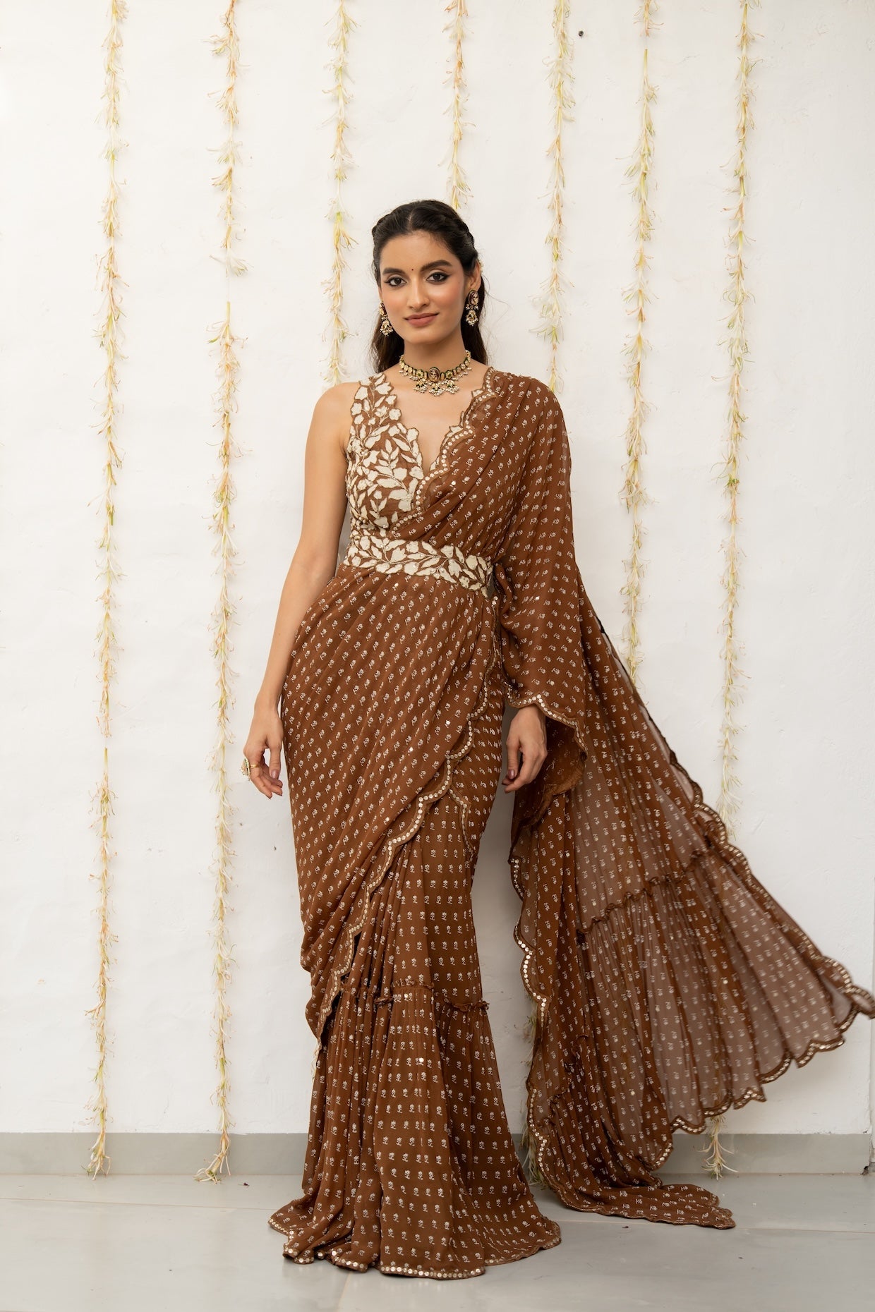 Cocoa Brown Georgette Draped Saree Set