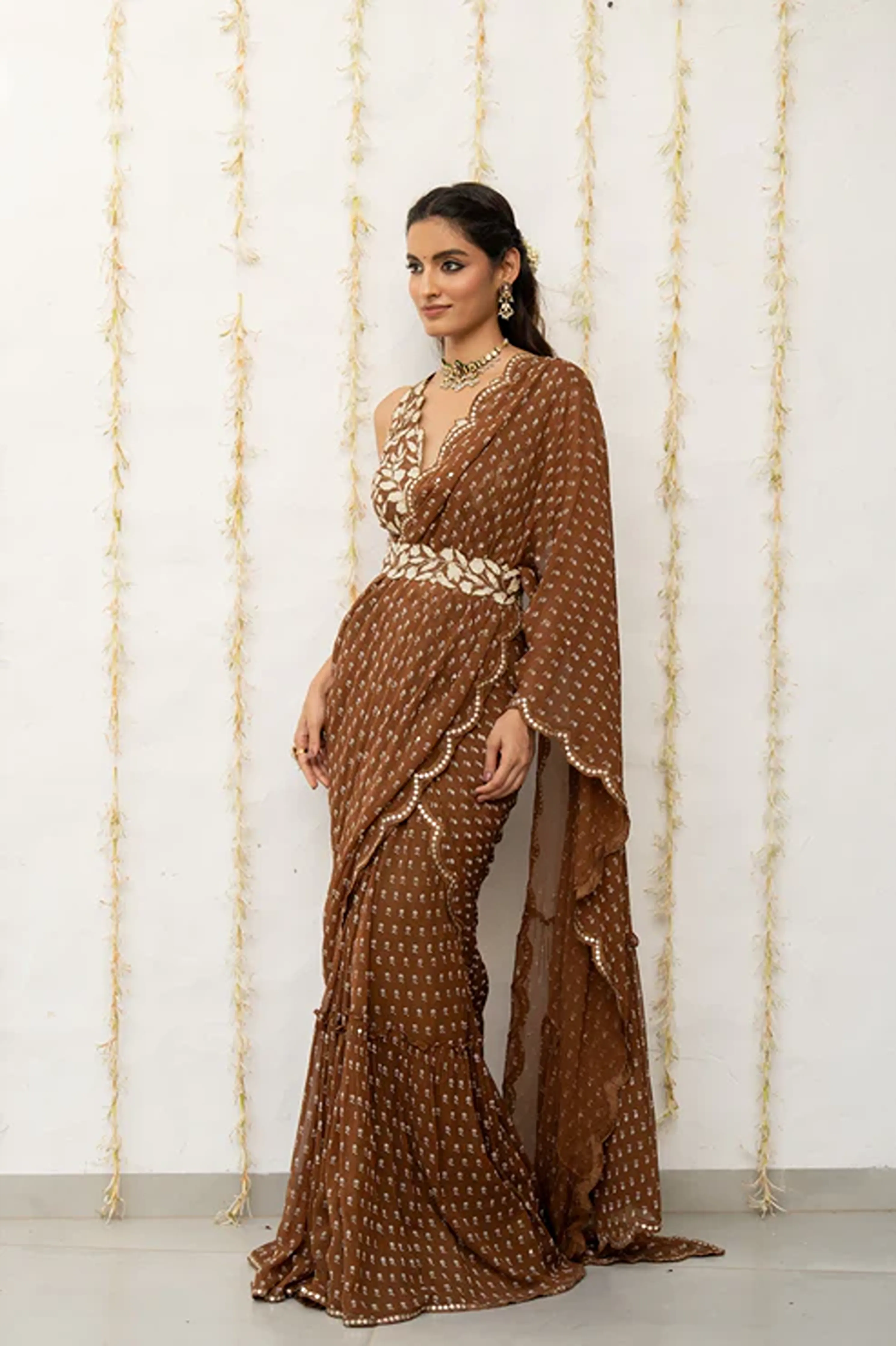 Cocoa Brown Georgette Draped Saree Set