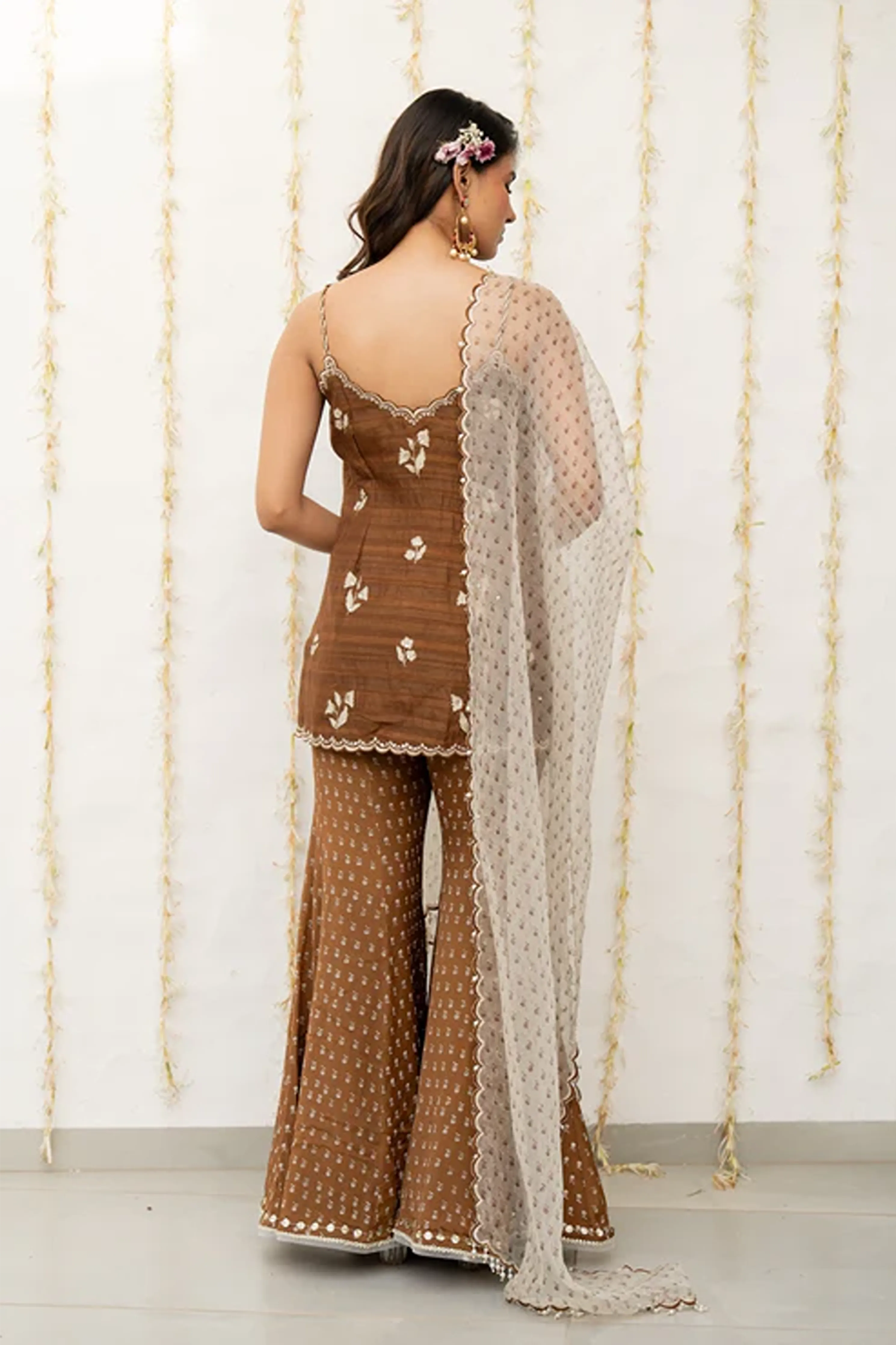 Cocoa Brown Silk Embroidered Sharara Set