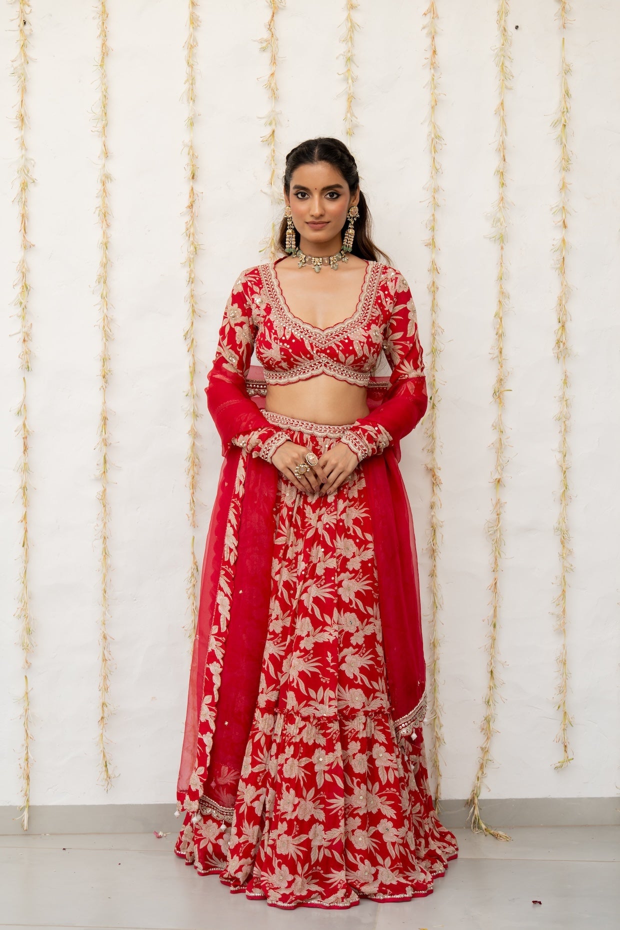 Cherry Red Crepe Tiered Skirt Set