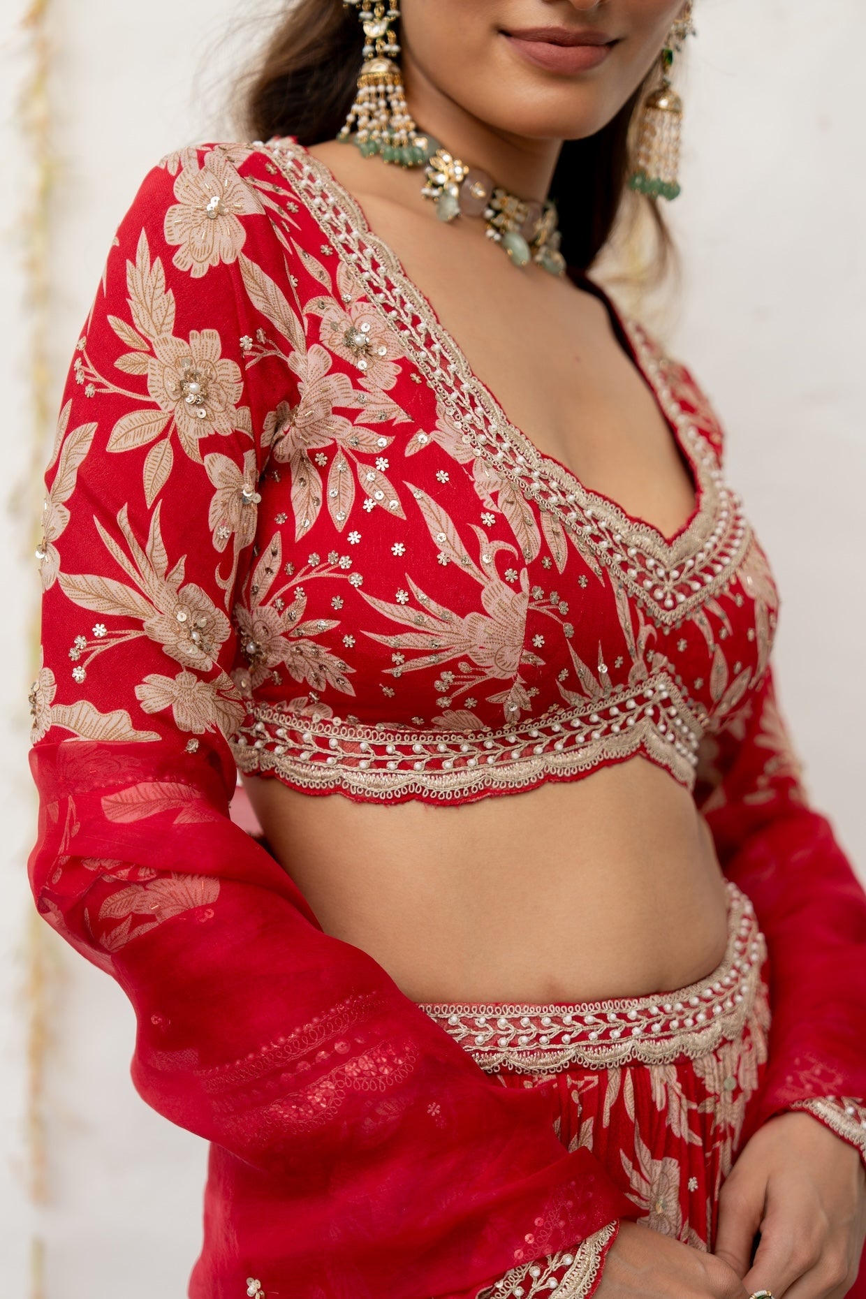 Cherry Red Crepe Tiered Skirt Set