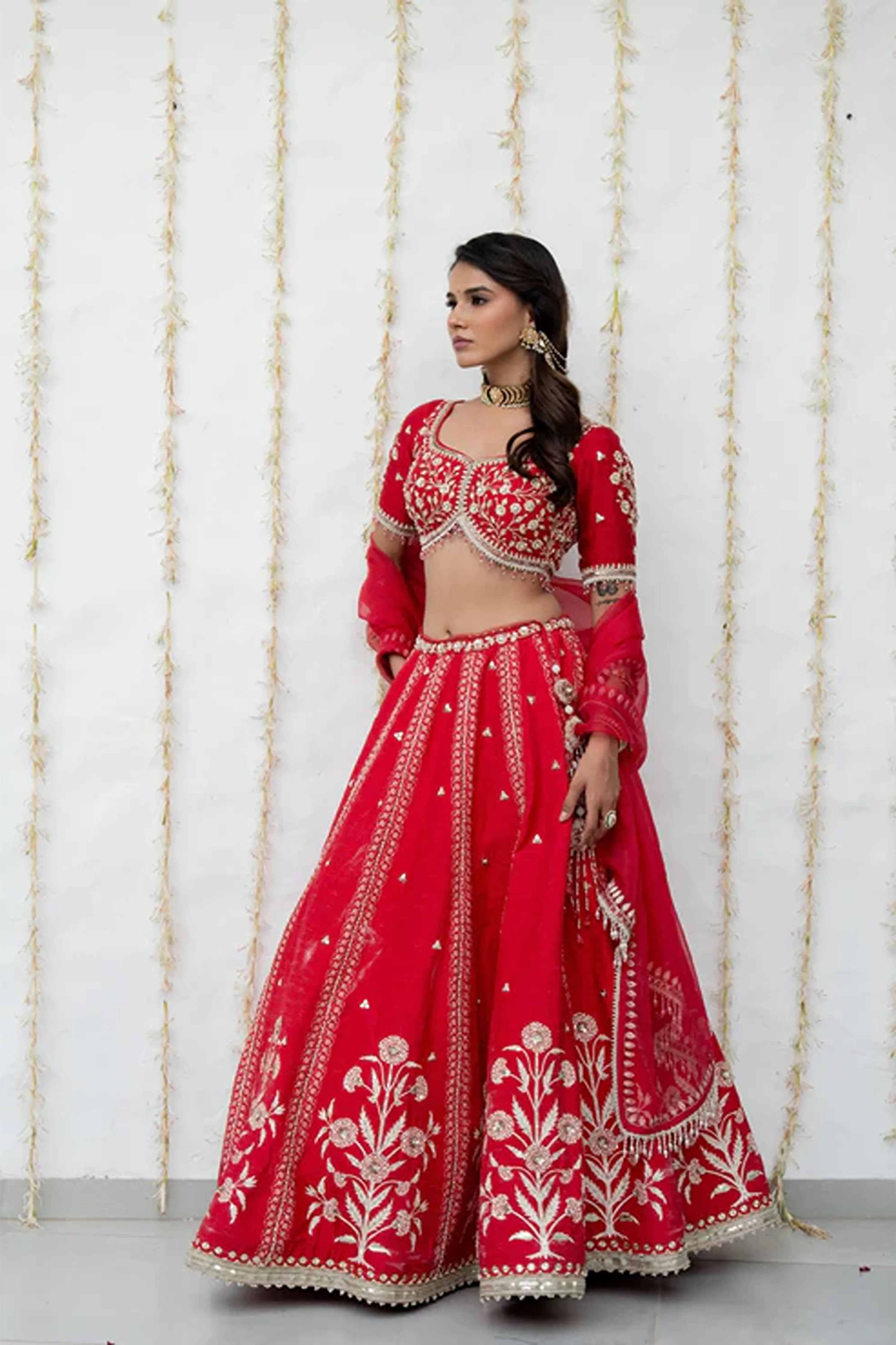 Cherry Red Silk Embroidered Lehenga Set