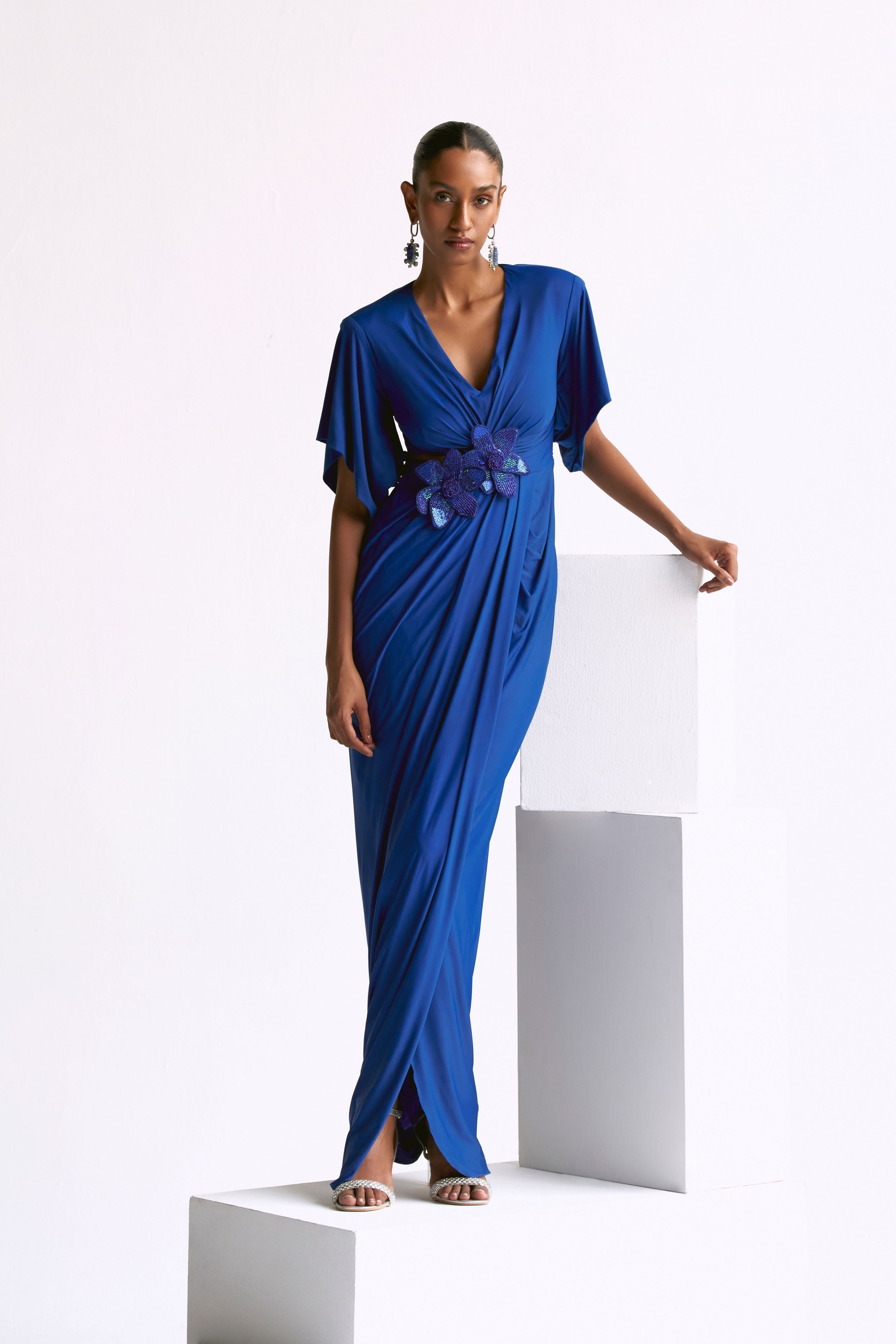 Draped Power Shoulder  Gown