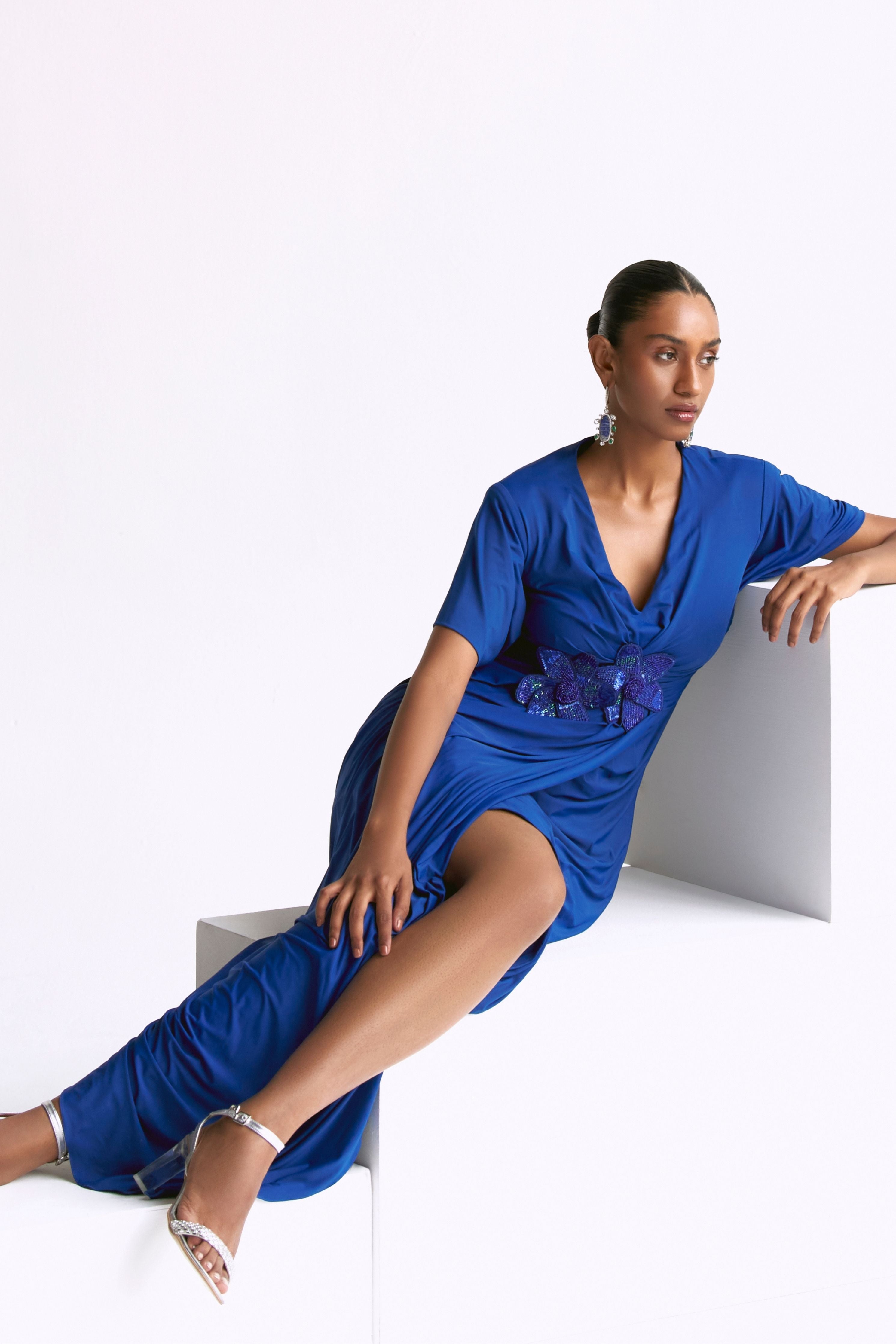 Draped Power Shoulder  Gown