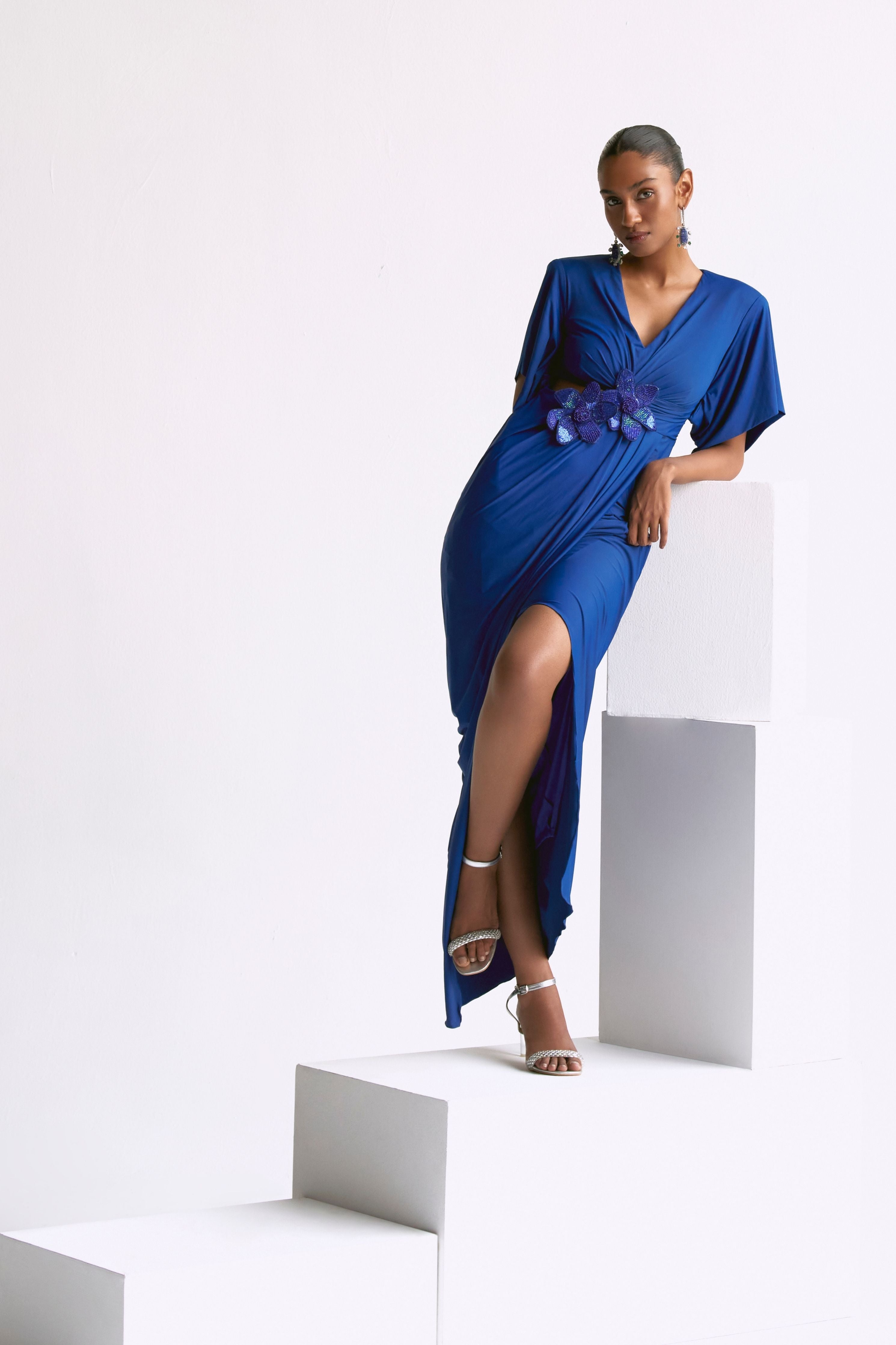 Draped Power Shoulder  Gown