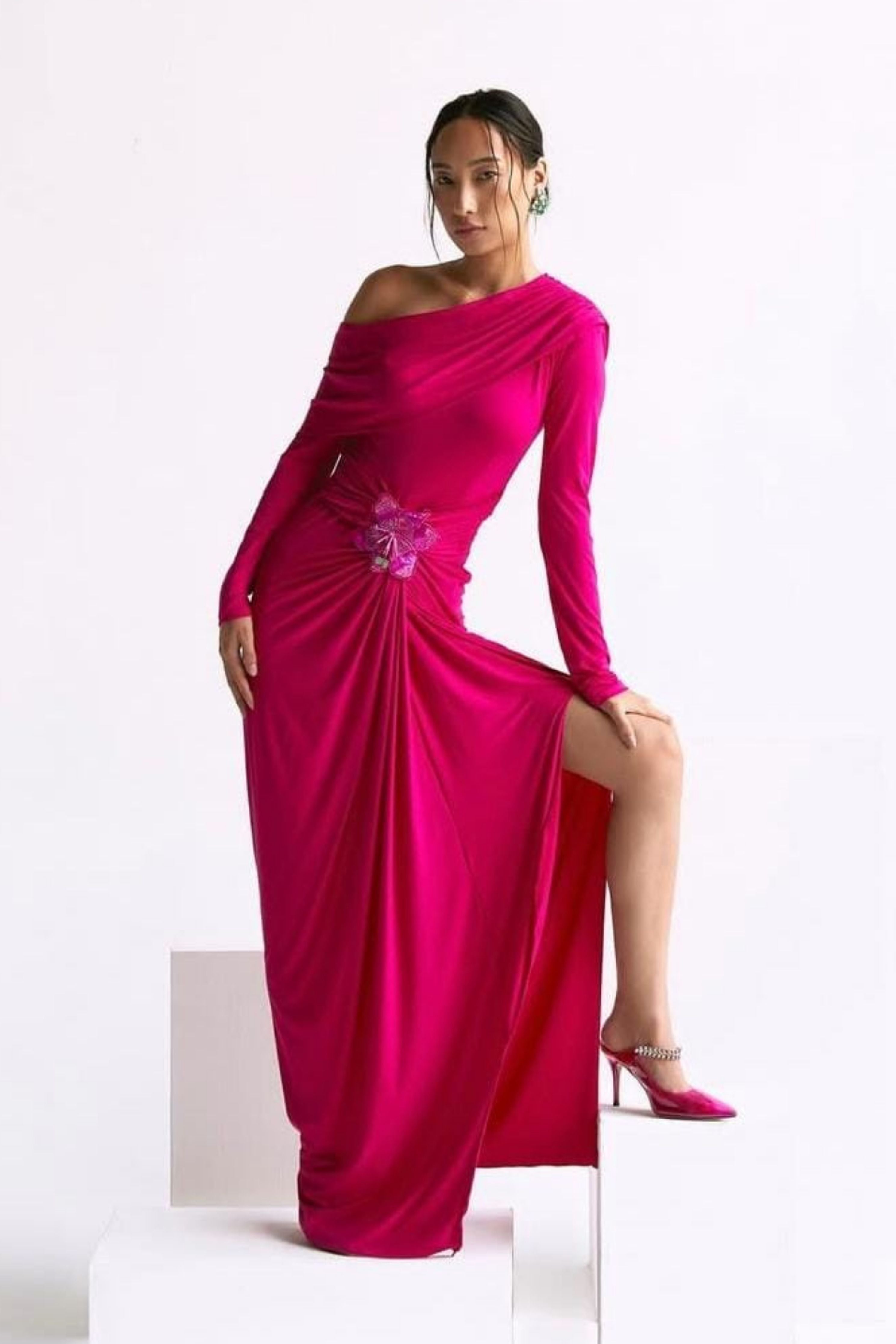 Off Shoulder Gathered Waist Gown