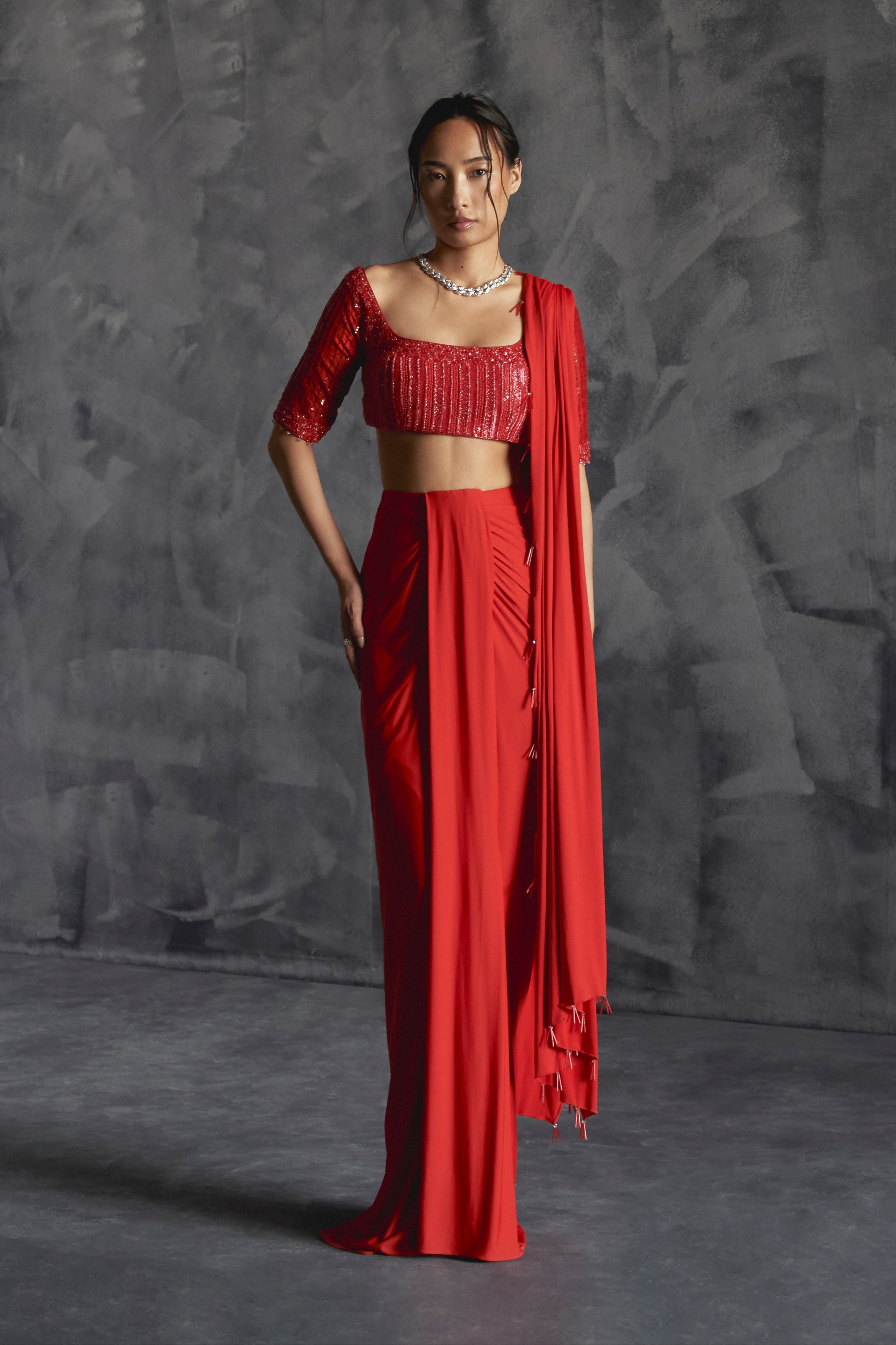 Pleated Draped Skirt With Embelished Elbow Sleeve Blouse