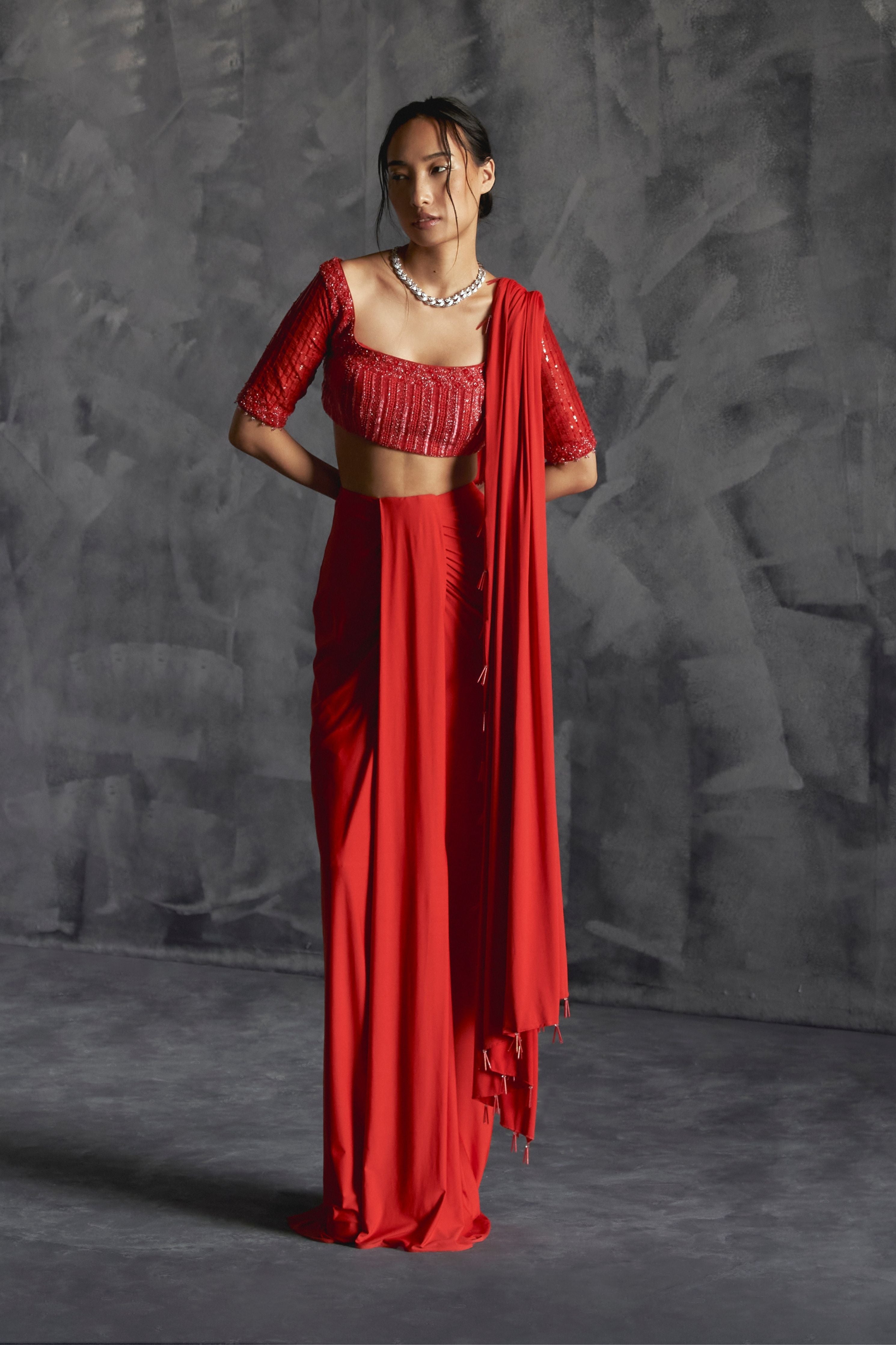 Pleated Draped Skirt With Embelished Elbow Sleeve Blouse
