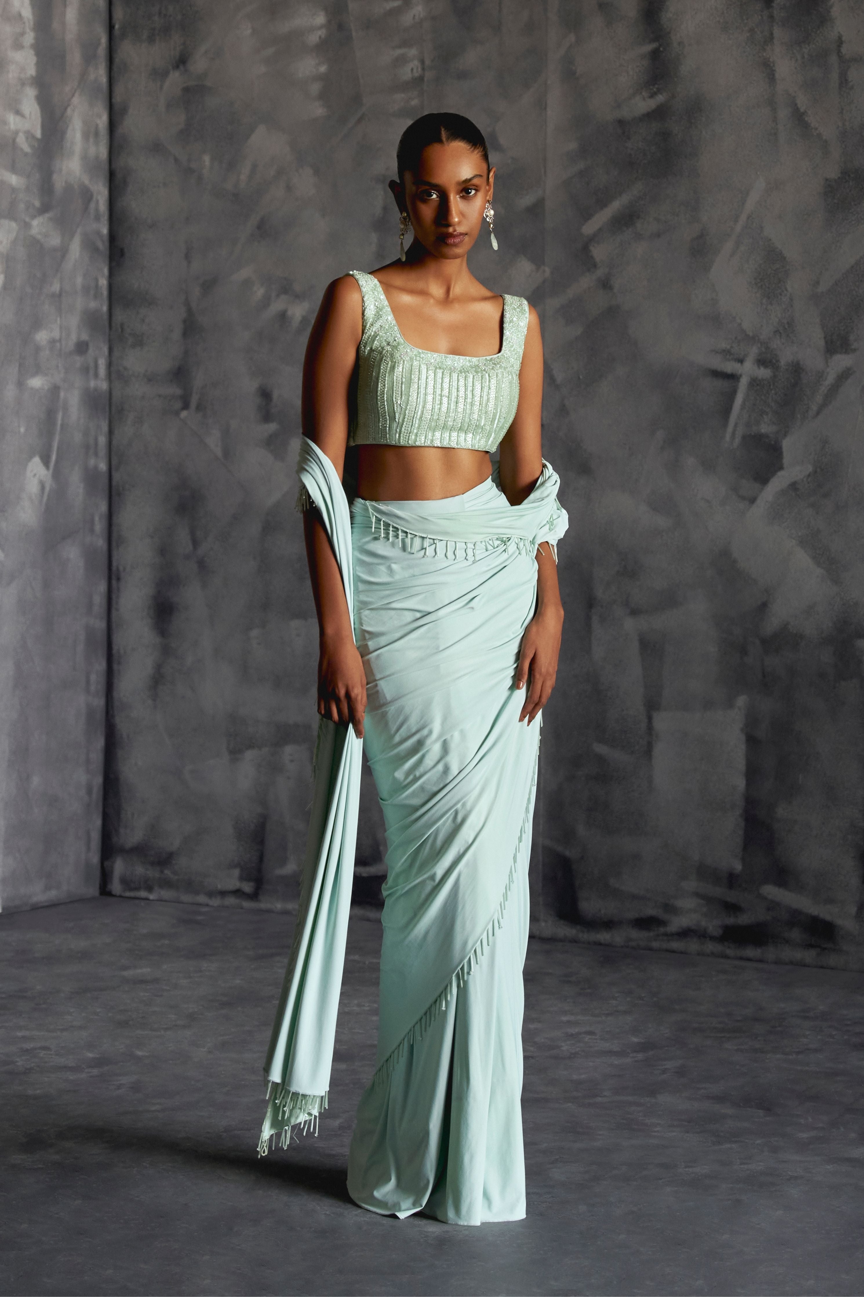 Powder Blue Fitted Draped Saree