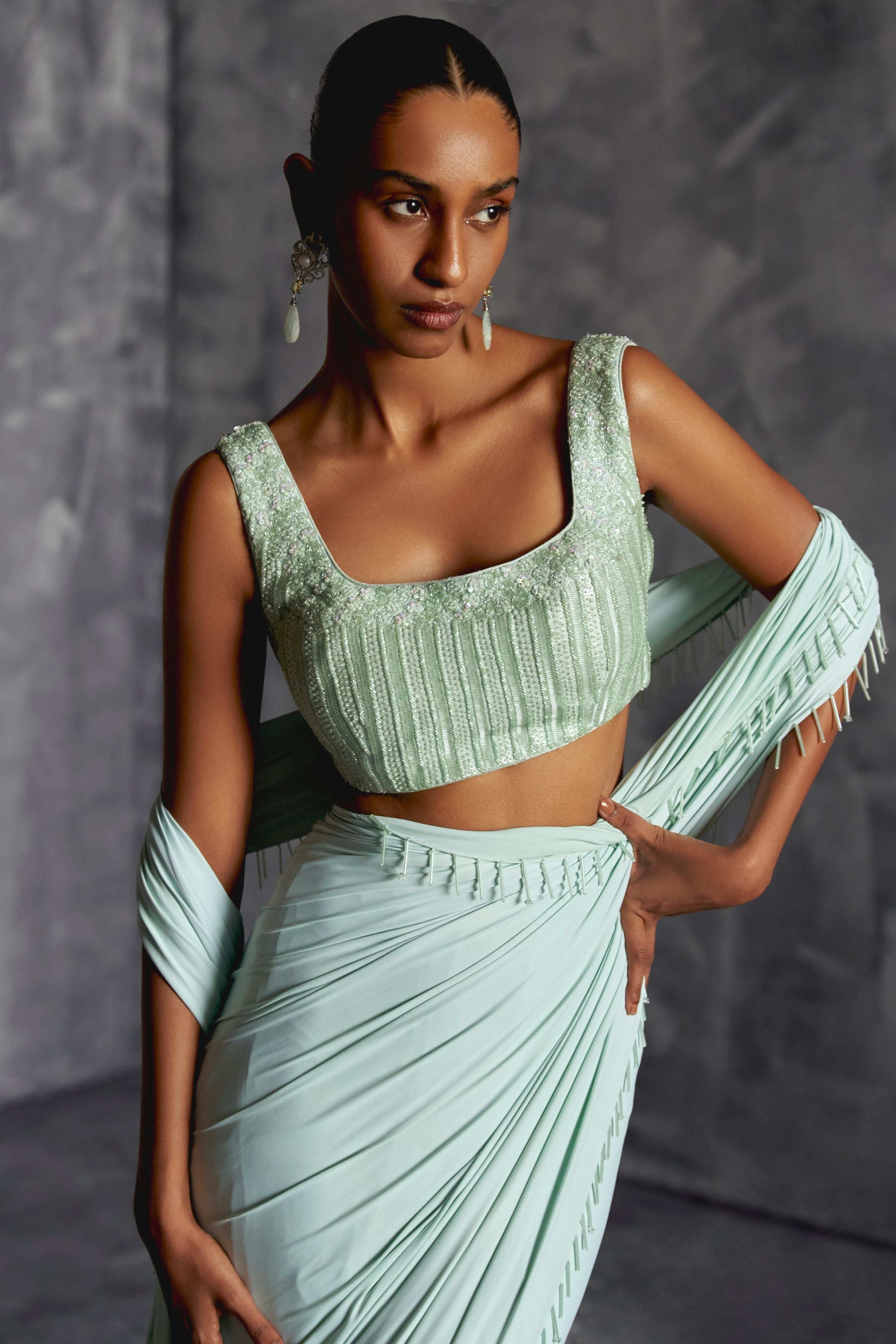 Powder Blue Fitted Draped Saree