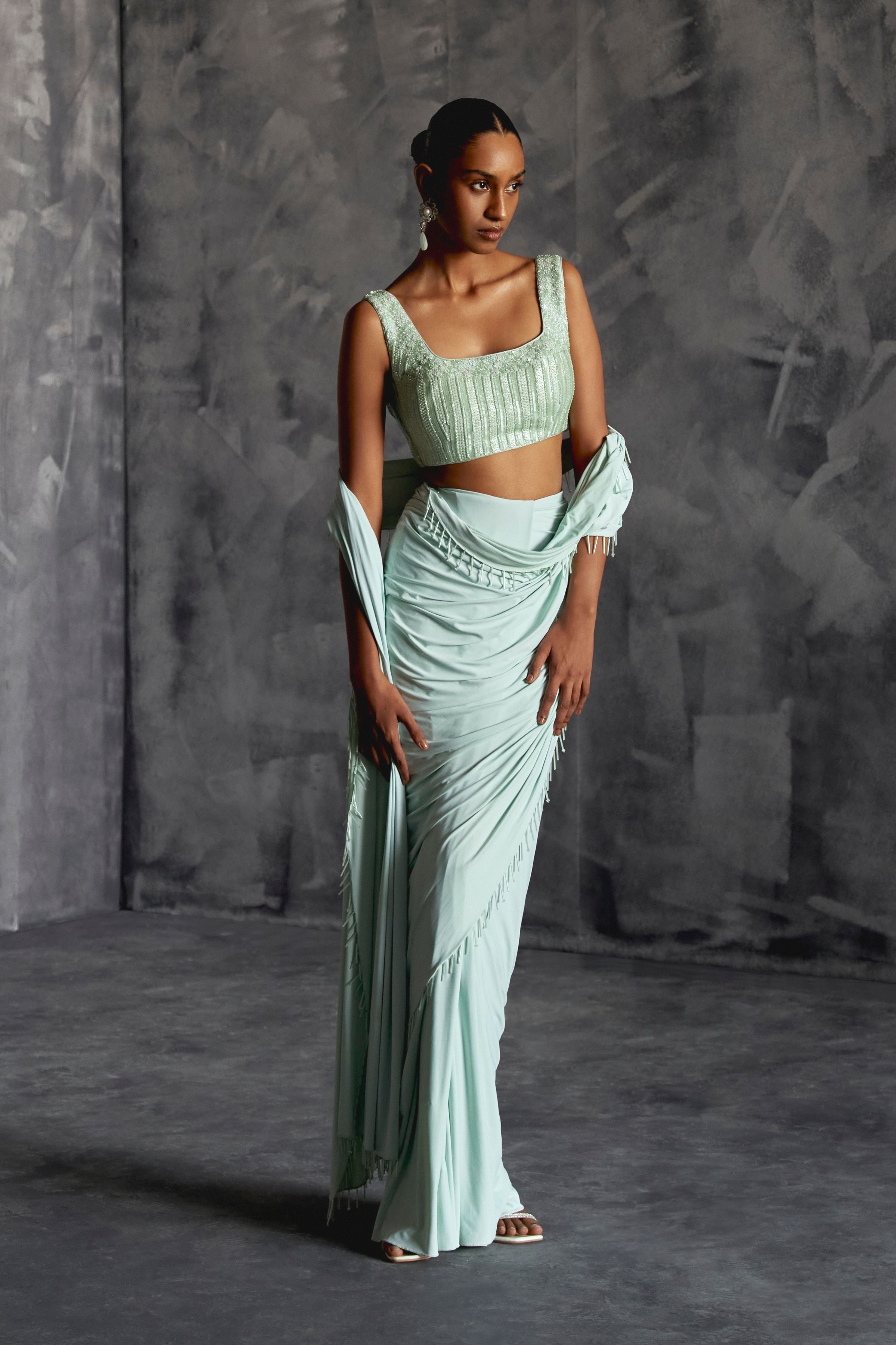 Powder Blue Fitted Draped Saree