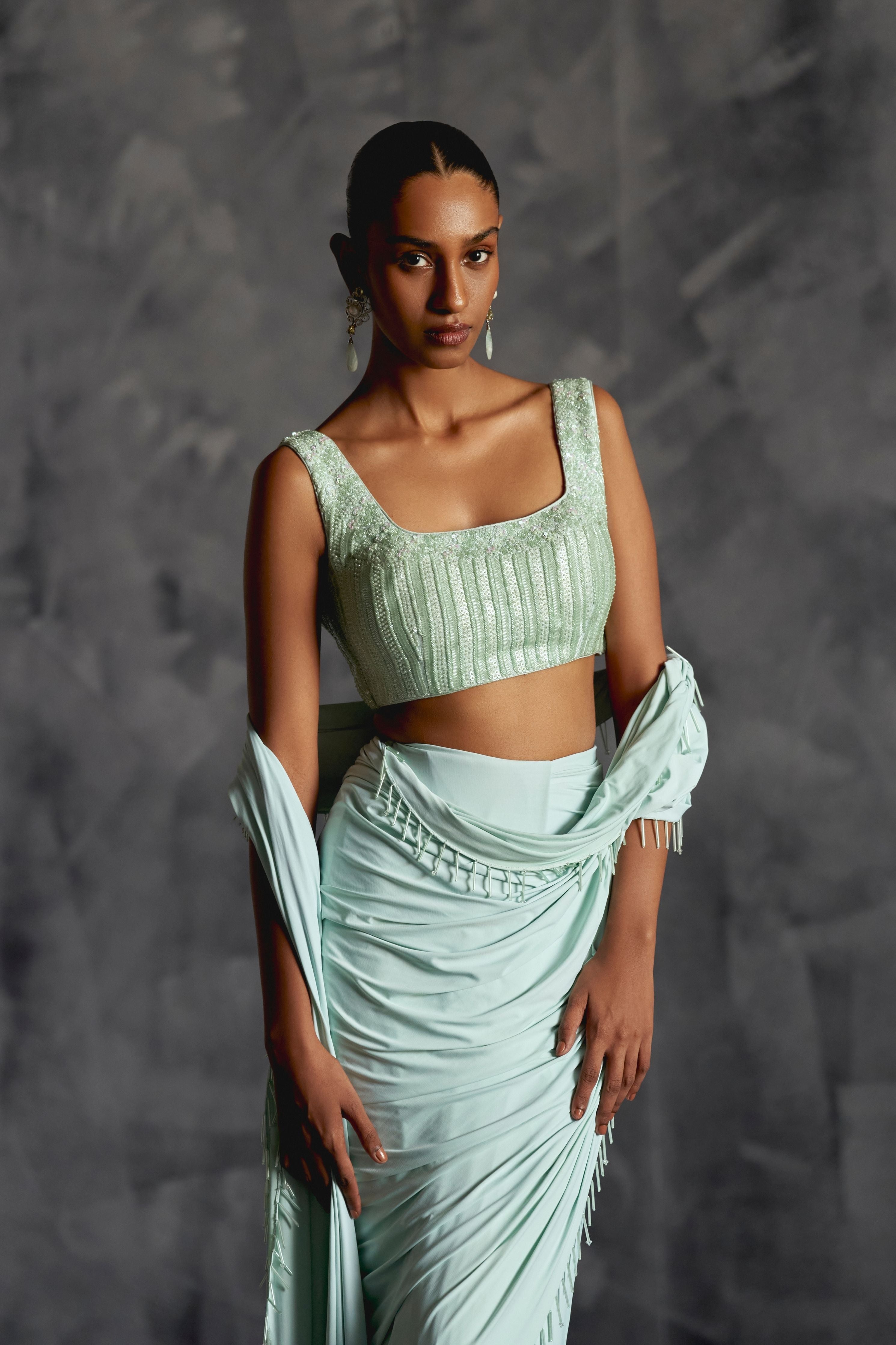 Powder Blue Fitted Draped Saree