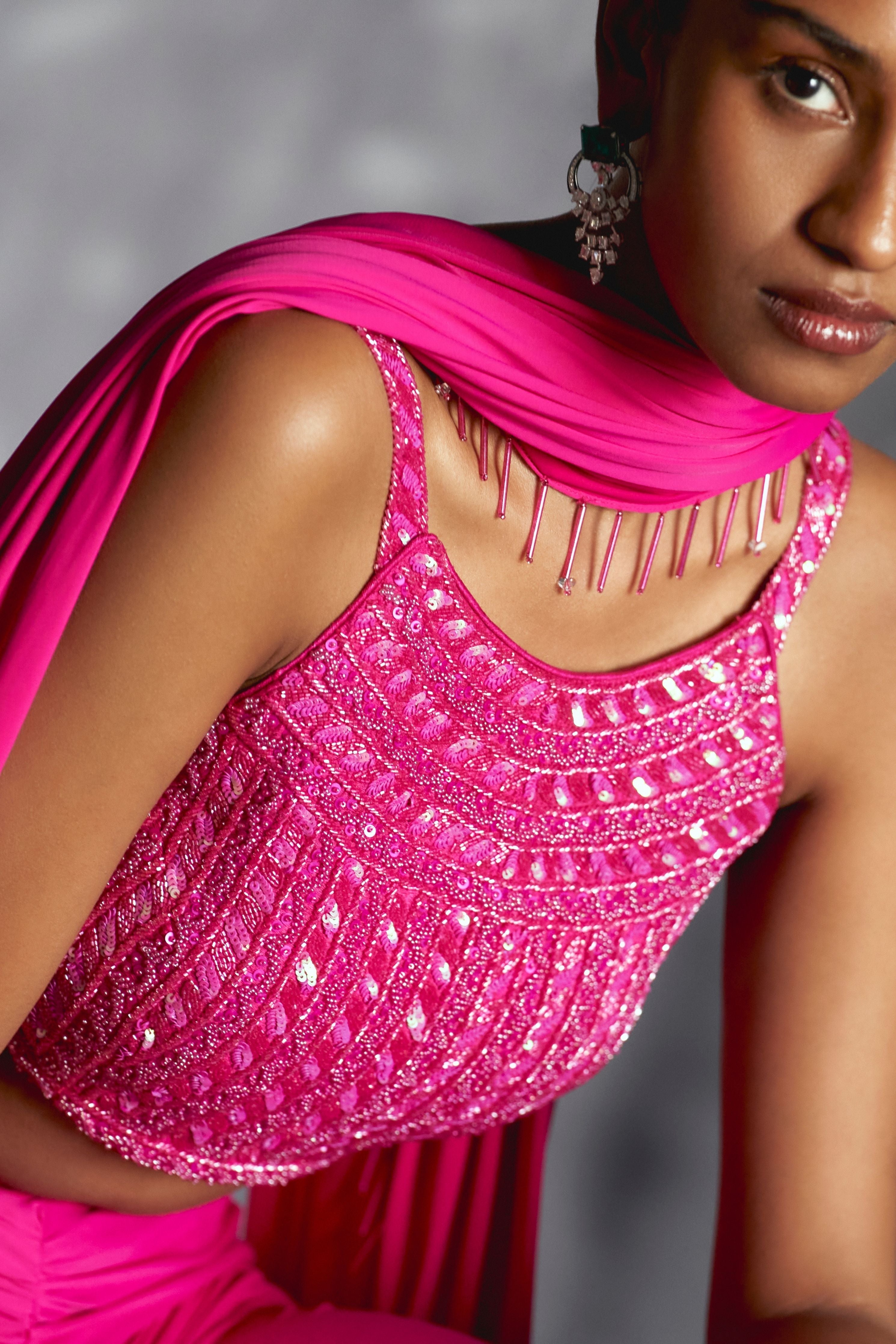 Fitted Gathered Skirt With Embellished Blouse And Dupatta