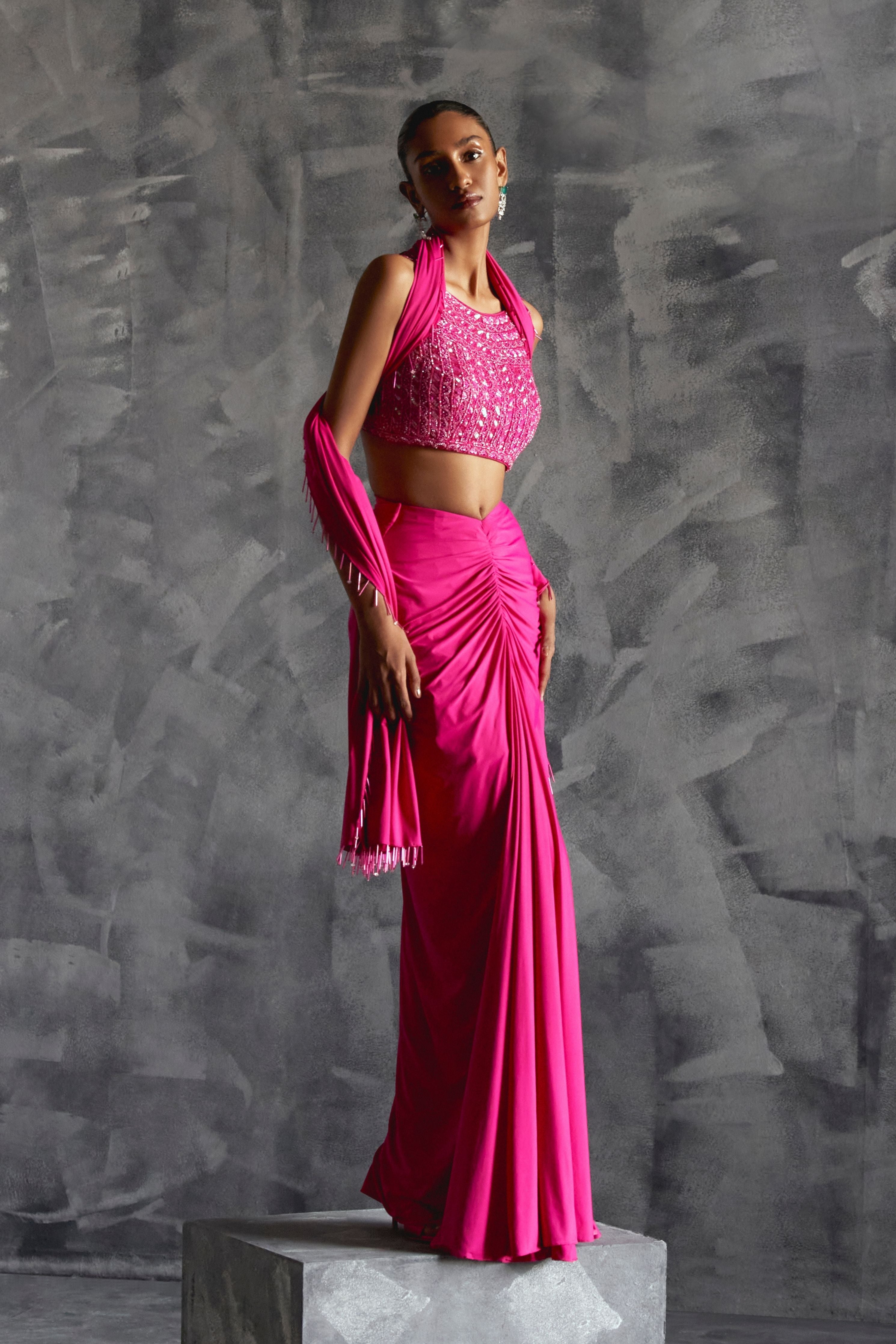 Fitted Gathered Skirt With Embellished Blouse And Dupatta