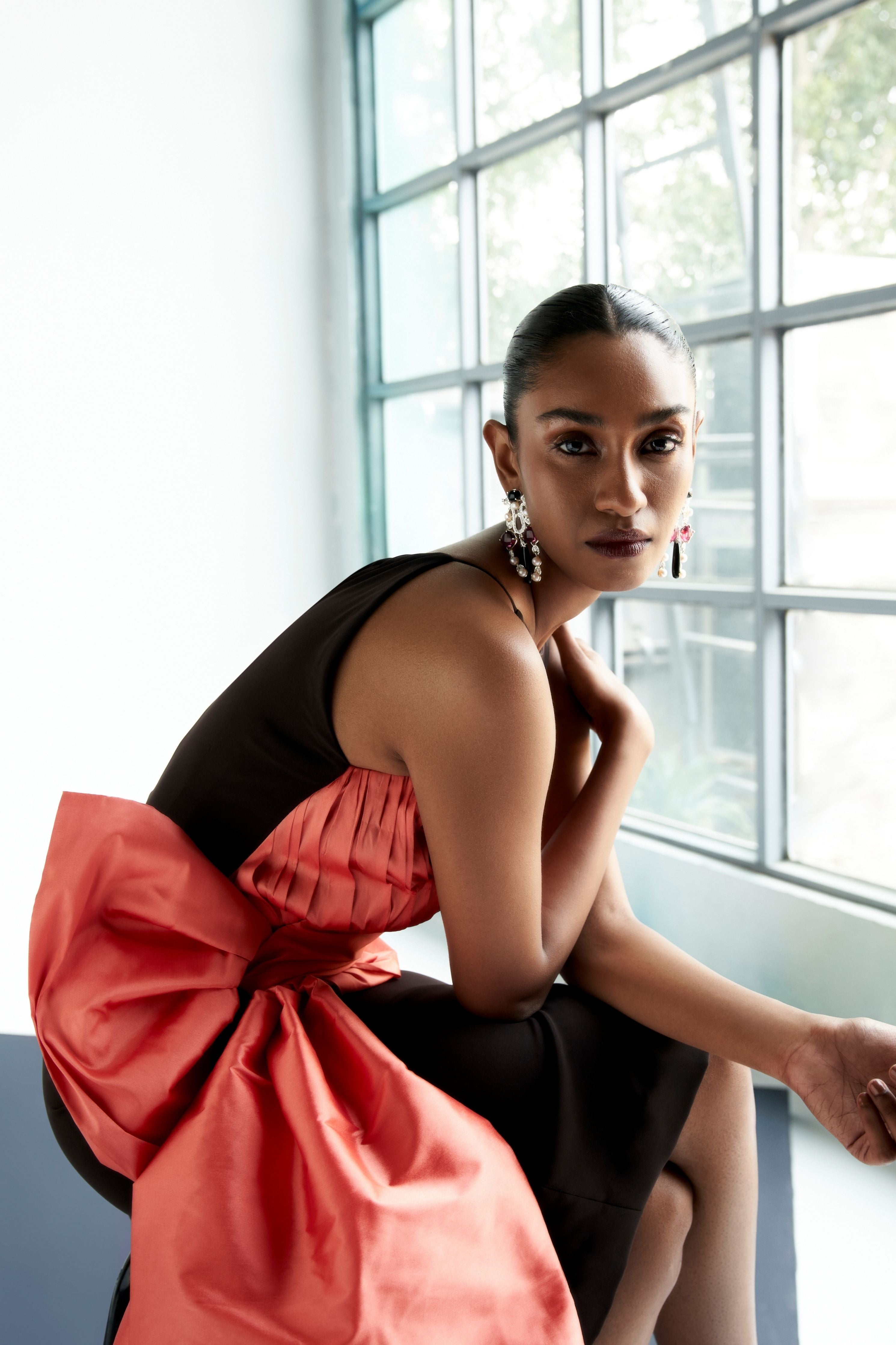 Fitted Draped Dress With Bow Detail