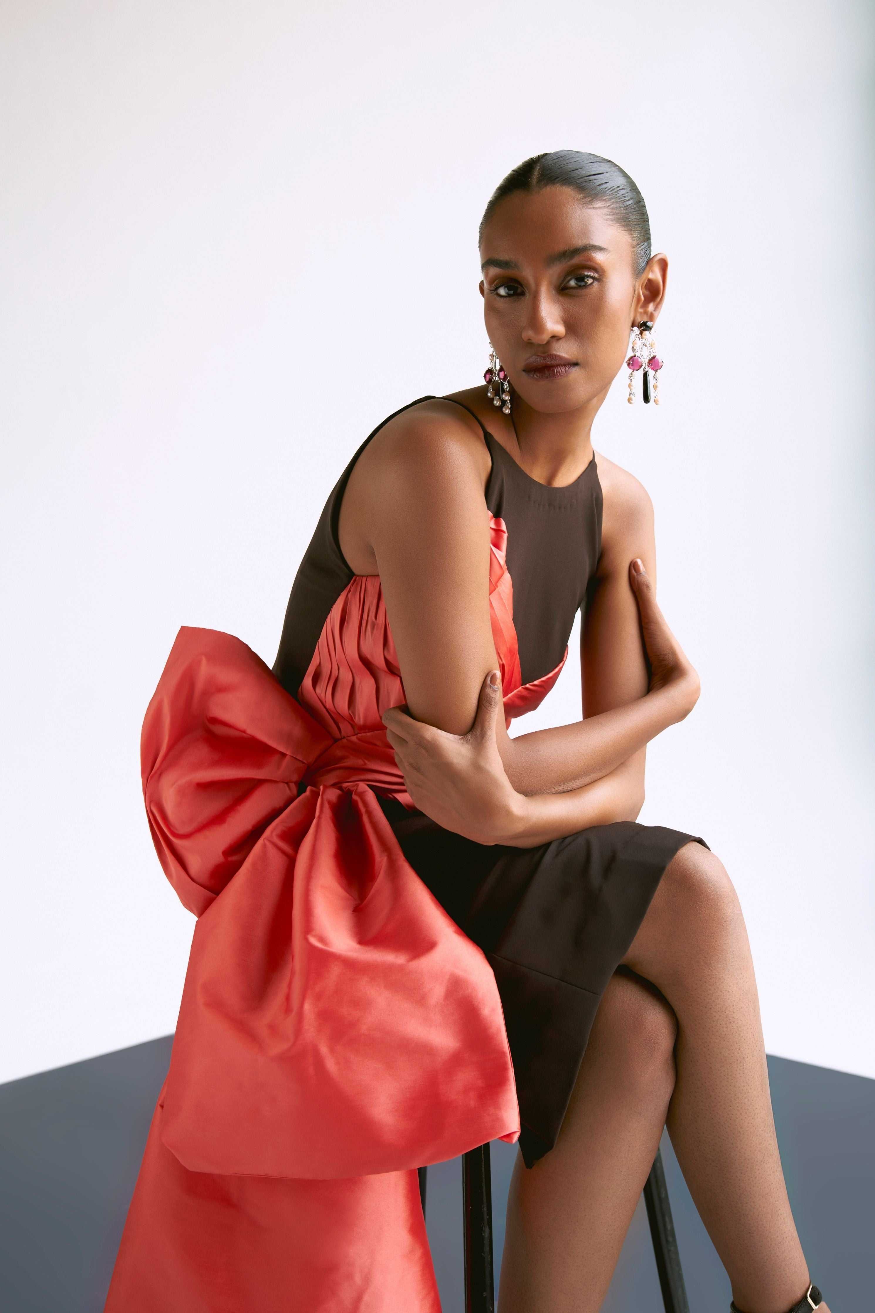 Fitted Draped Dress With Bow Detail