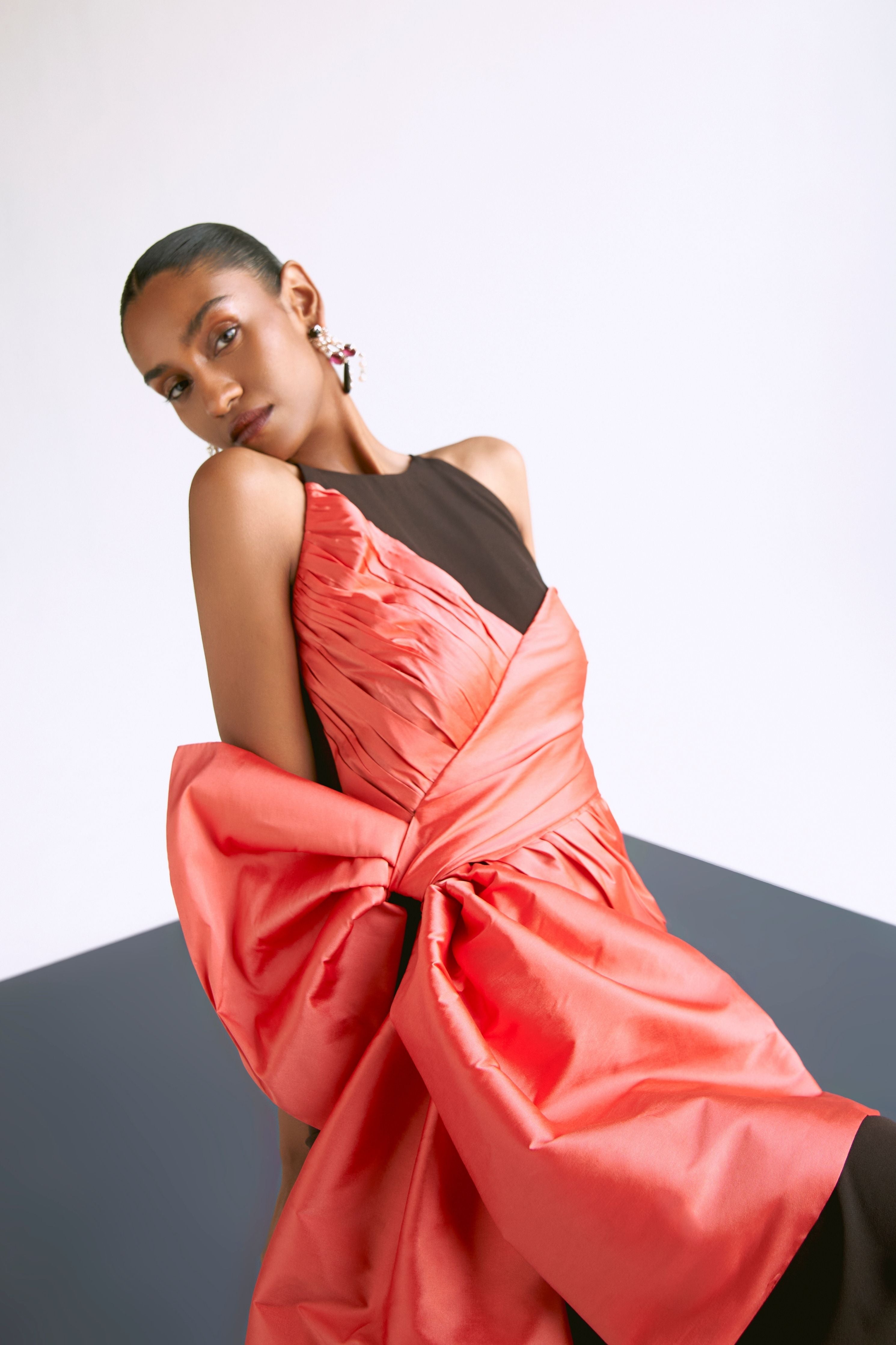 Fitted Draped Dress With Bow Detail