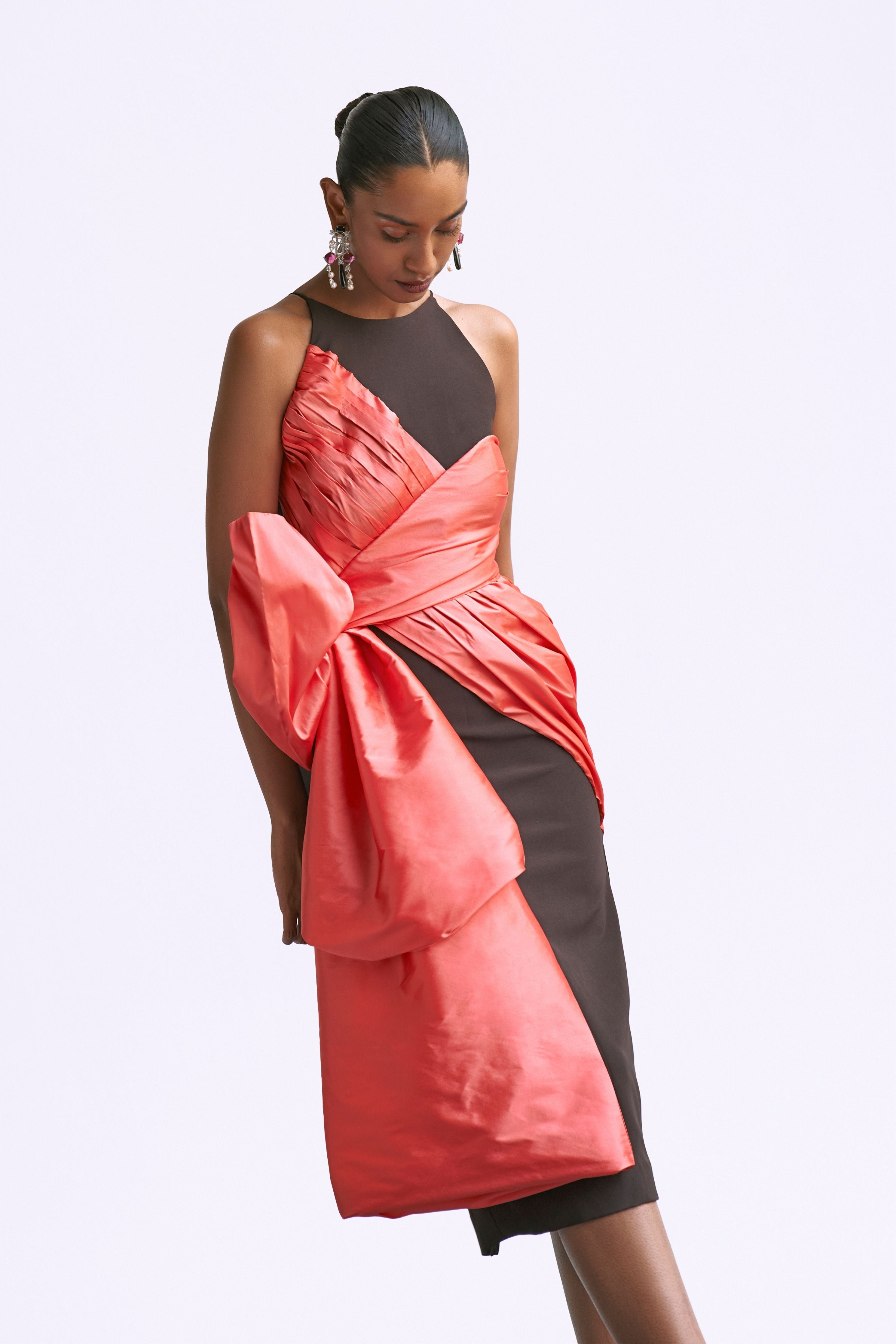 Fitted Draped Dress With Bow Detail